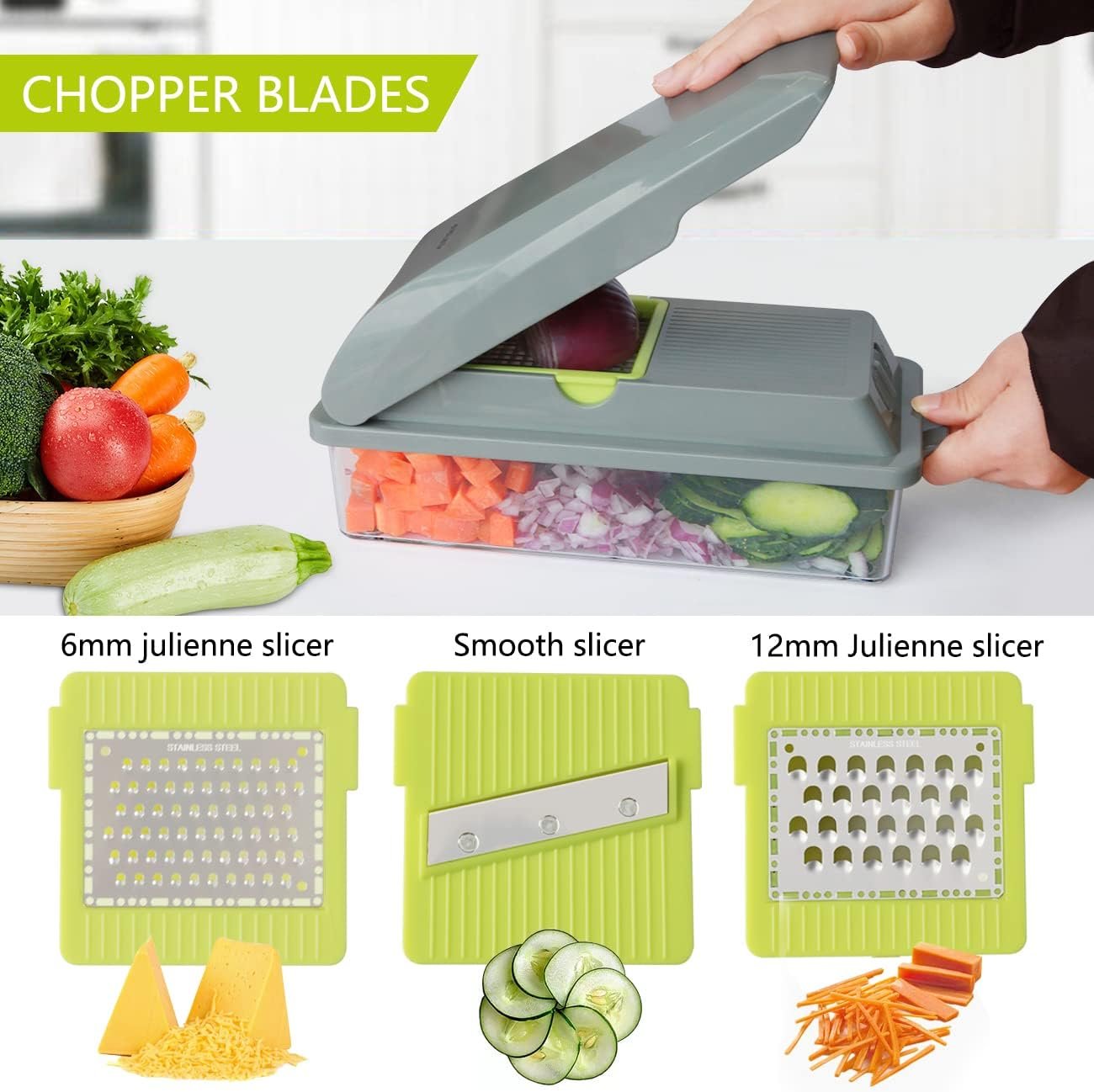 Vegetable Chopper, Multifunctional Mandoline Slicer Veggie Dicer All-in-1 Pro Onion Chopper Food Chopper Vegetable Cutter Slice Spiralizer, with Storage Container and Lids