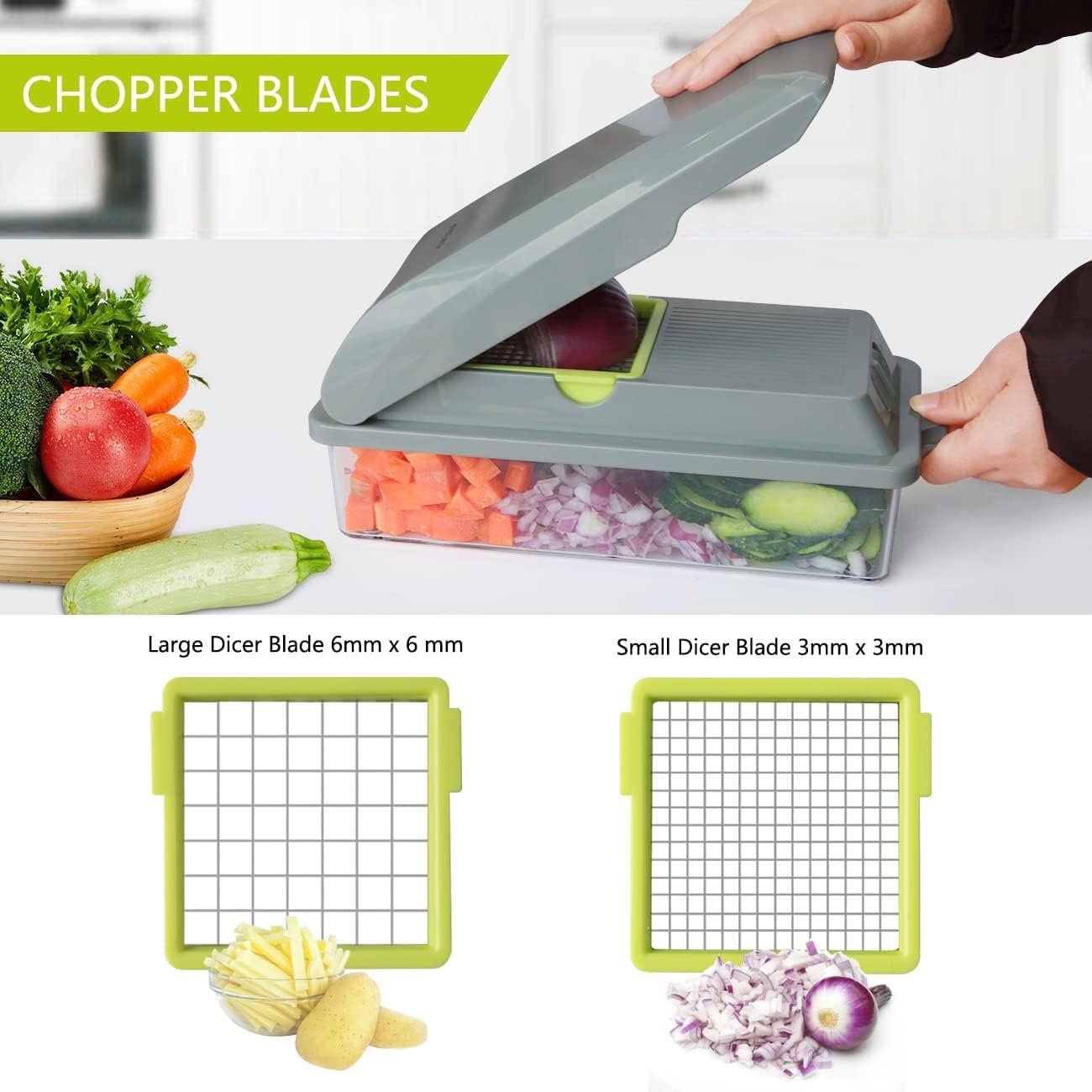 Vegetable Chopper, Multifunctional Mandoline Slicer Veggie Dicer All-in-1 Pro Onion Chopper Food Chopper Vegetable Cutter Slice Spiralizer, with Storage Container and Lids
