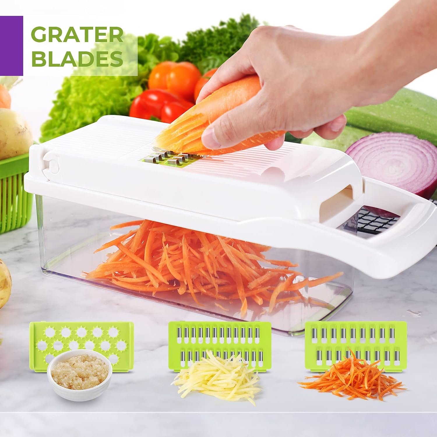 Vegetable Chopper, Pro Food Chopper, 14 in 1 Veggie Chopper,Onion Chopper, Mandoline Slicer, Kitchen Vegetable Slicer-Dicer Cutter, Vegetable Chopper With Container, salad-Garlic chopper(Gray/Green)