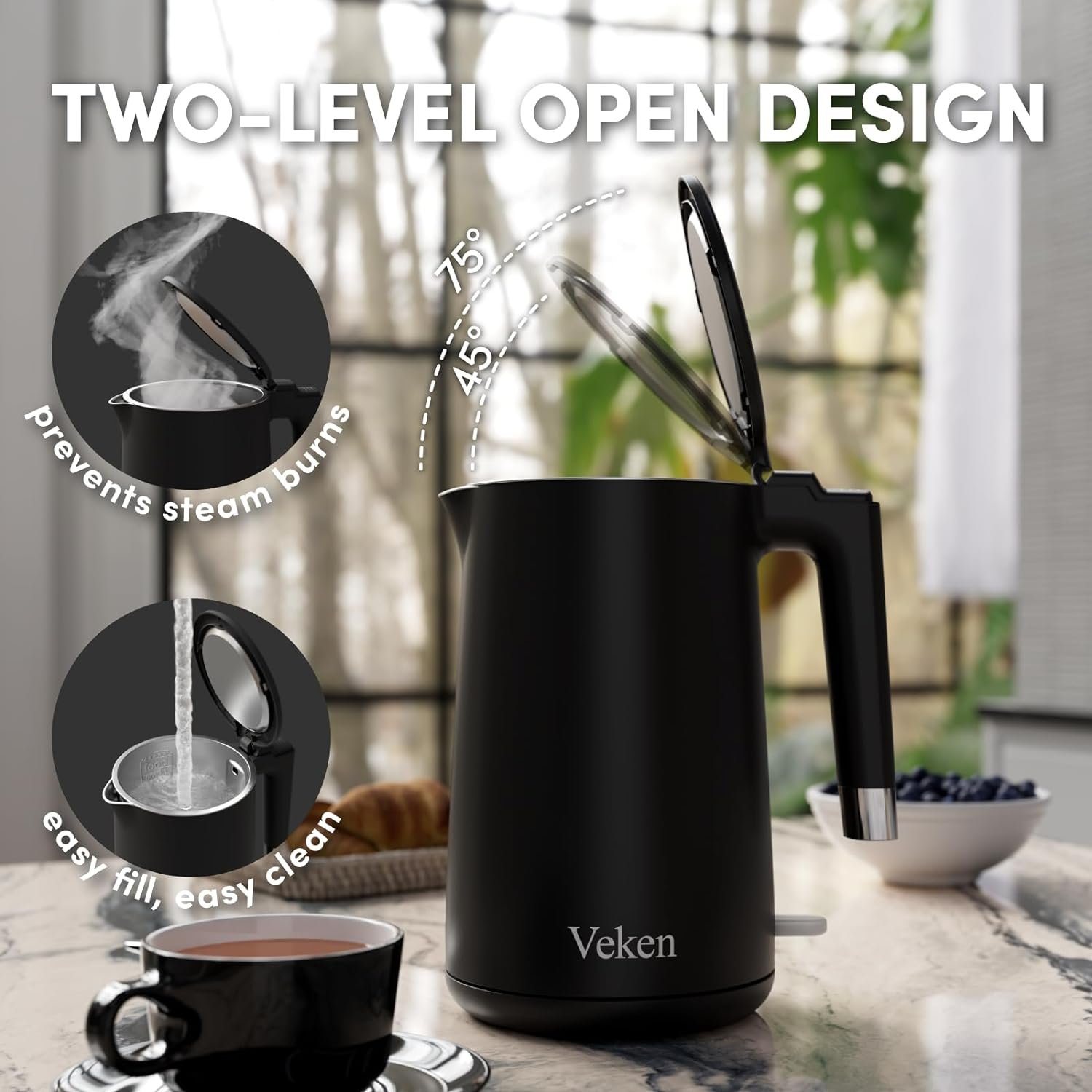 Veken Electric Tea Kettle, 1.5 Liter Speed-Boil Hot Water Boiler, 304 Stainless Steel Interior Water Warmer Heater,BPA Free Teapot with Double Wall Insulated, Auto Shut Off for Coffee  Tea(Black)