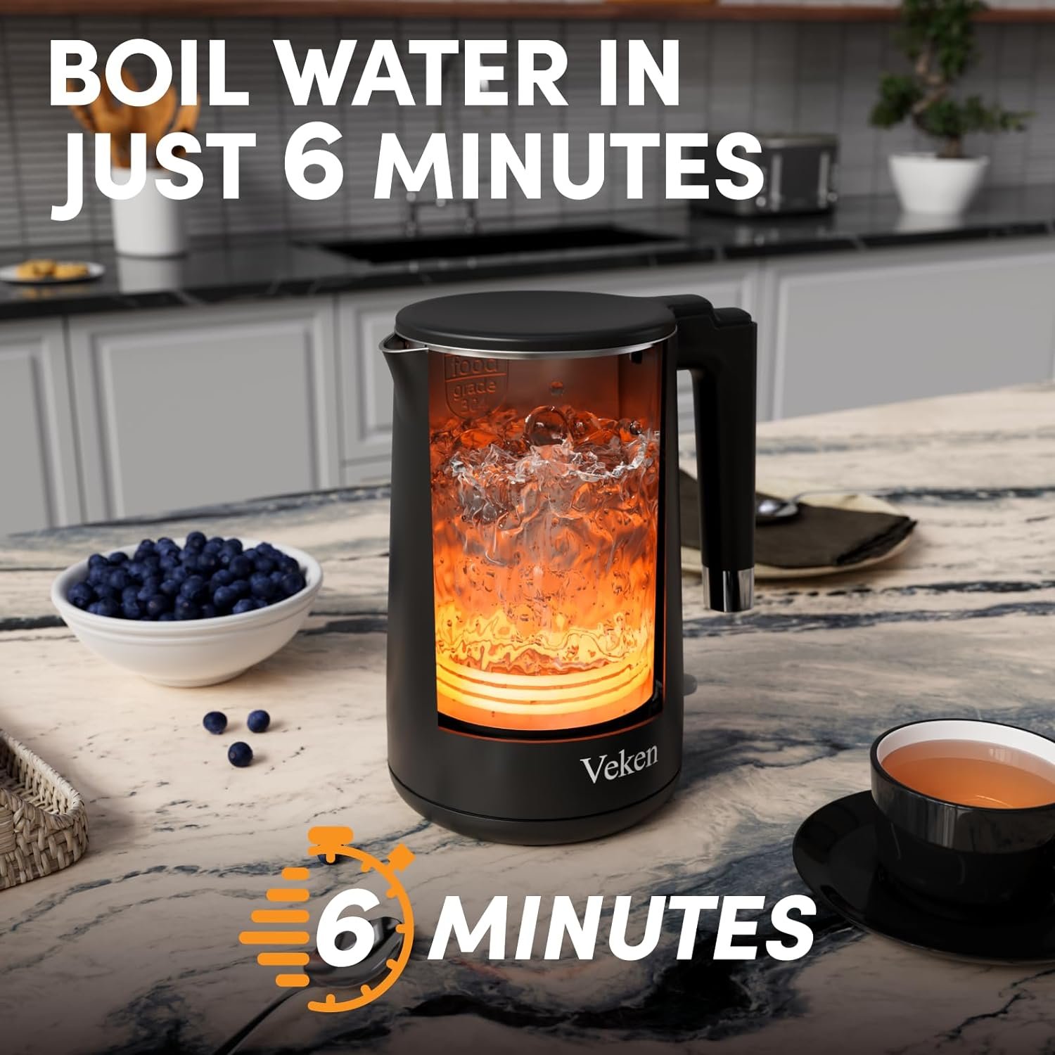 Veken Electric Tea Kettle, 1.5 Liter Speed-Boil Hot Water Boiler, 304 Stainless Steel Interior Water Warmer Heater,BPA Free Teapot with Double Wall Insulated, Auto Shut Off for Coffee  Tea(Black)