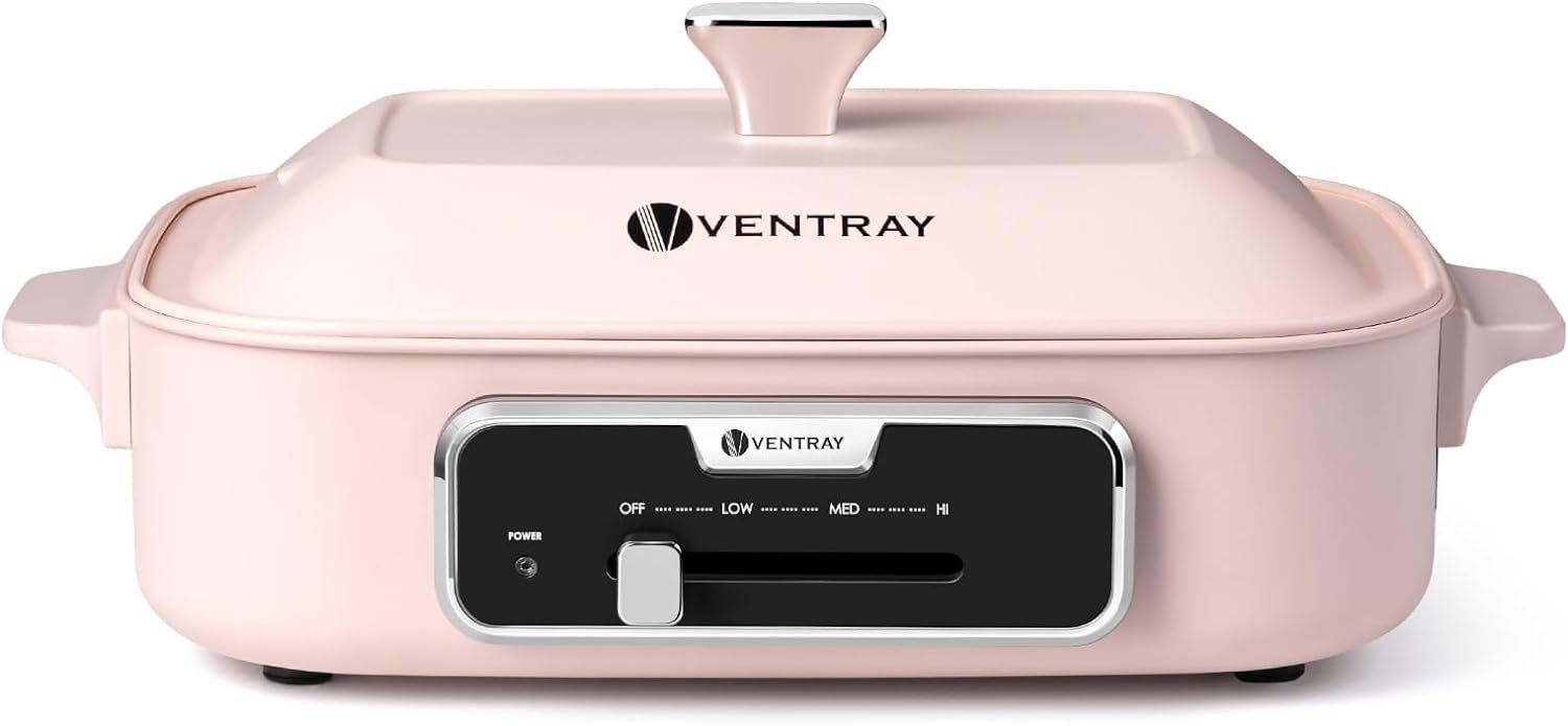 Ventray Classic 2.0 Indoor Electric Grill, Portable Korean BBQ Grill with Removable Griddle Plate, Lid, Nonstick Cooking Surface, Adjustable Temperature,1200W Powerful  Even Cooking (Pink)