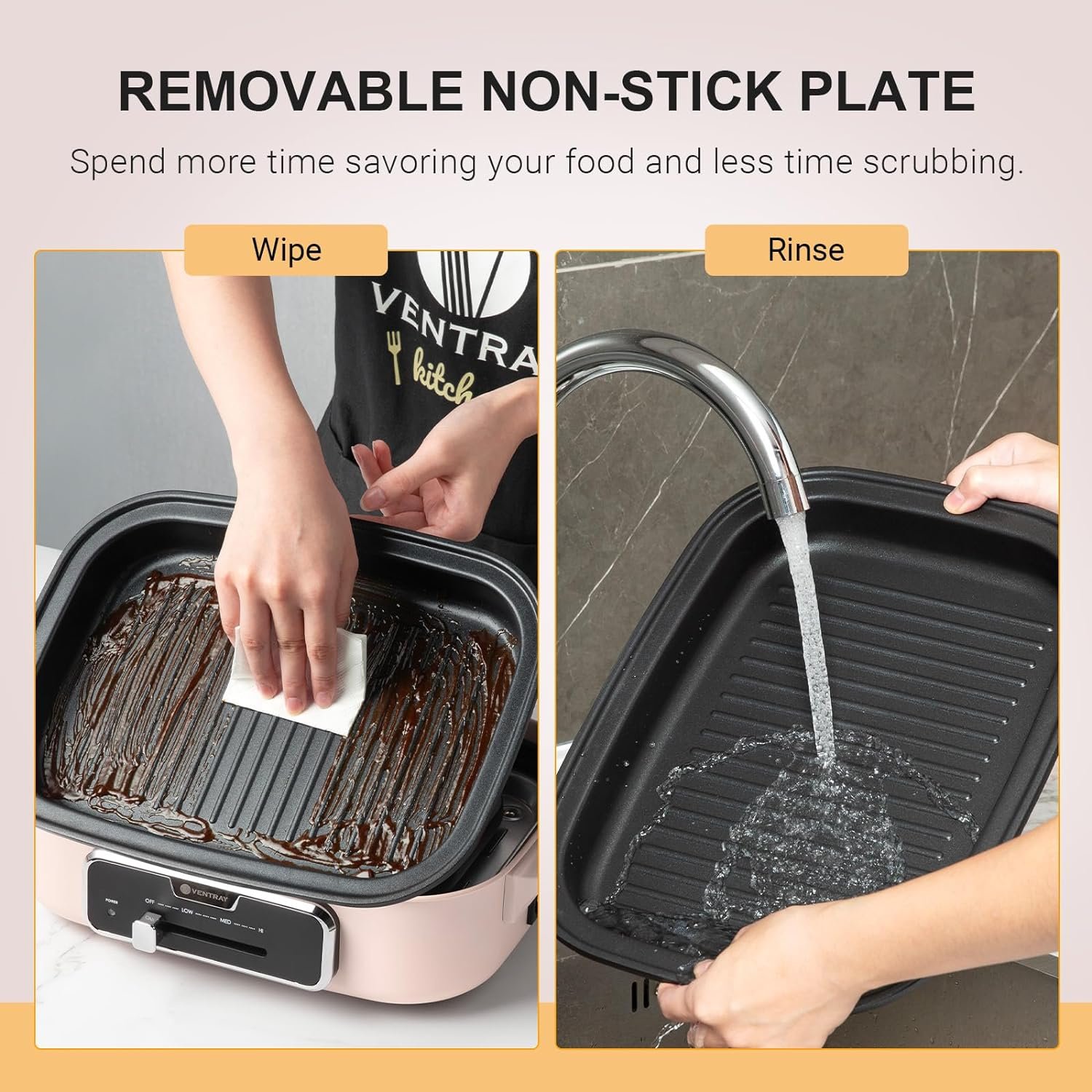 Ventray Classic 2.0 Indoor Electric Grill, Portable Korean BBQ Grill with Removable Griddle Plate, Lid, Nonstick Cooking Surface, Adjustable Temperature,1200W Powerful  Even Cooking (Pink)