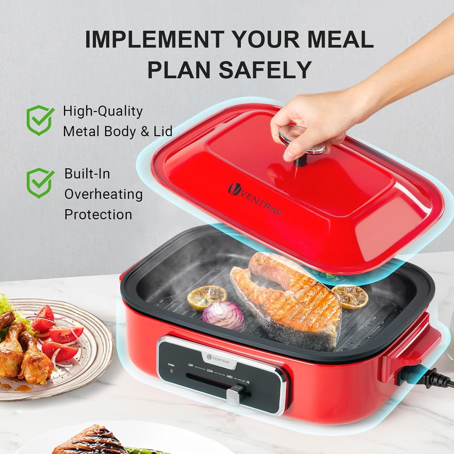 Ventray Classic Indoor Grill Set, Versatile Electric Grill Griddle Skillets Set with 5 Removable Nonstick Plates, Lid for Grilling, HotPot, BBQ, Dessert, Stir Fry, Paella Pasta Pot, Pink