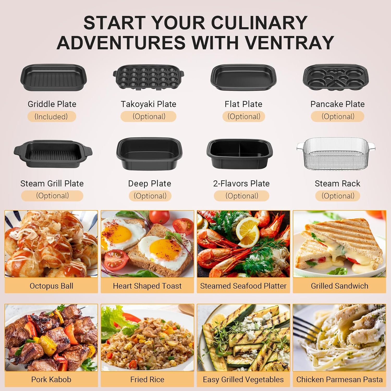 Ventray Classic Indoor Grill Set, Versatile Electric Grill Griddle Skillets Set with 5 Removable Nonstick Plates, Lid for Grilling, HotPot, BBQ, Dessert, Stir Fry, Paella Pasta Pot, Pink