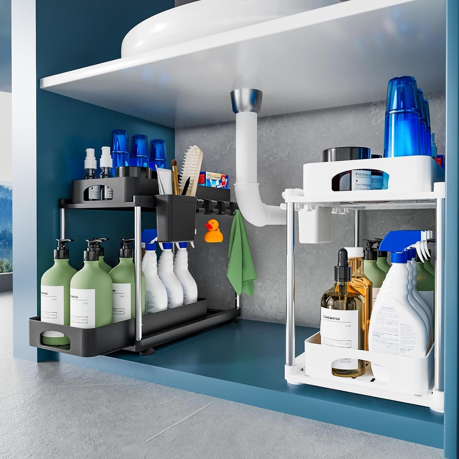 VERIFOST 2 Pack Adjustable Height Under Sink Storage, 2 Tier Under Kitchen Bathroom Sink Organizer, Double Pull Out Cabinet Organizer, Under Sink Organization with Anti-Slip Feet, Black White VERIFOST 2 Pack Adjustable Height Under Sink Storage, 2 Tier Under Kitchen Bathroom Sink Organizer, Double Pull Out Cabinet Organizer, Under Sink Organization with Anti-Slip Feet, Black White