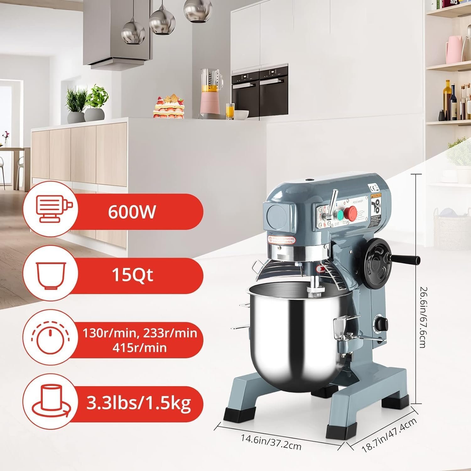 Vertical Commercial Electric Food mixer, 600W Kitchen Mixer with Safety Protection, 3-Speed Handheld Mixer, 15Qt Stainless Steel Bowl Mixer, with Dough Hook, Whisky Mixer