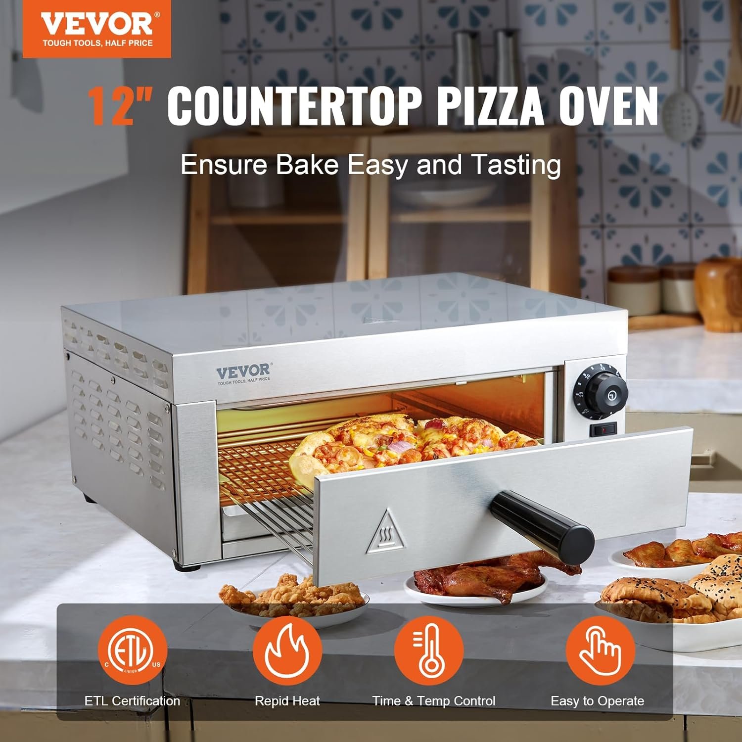 VEVOR Electric Pizza Oven Countertop 16-inch, 1700W Commercial Pizza Oven with Adjustable Temperature  0-60 Minutes Timer, 360° Uniform Baking Pizza Maker for Commercial and Home Use, ETL Certified