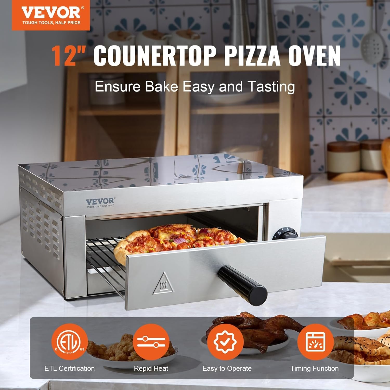 VEVOR Electric Pizza Oven Countertop 16-inch, 1700W Commercial Pizza Oven with Adjustable Temperature  0-60 Minutes Timer, 360° Uniform Baking Pizza Maker for Commercial and Home Use, ETL Certified