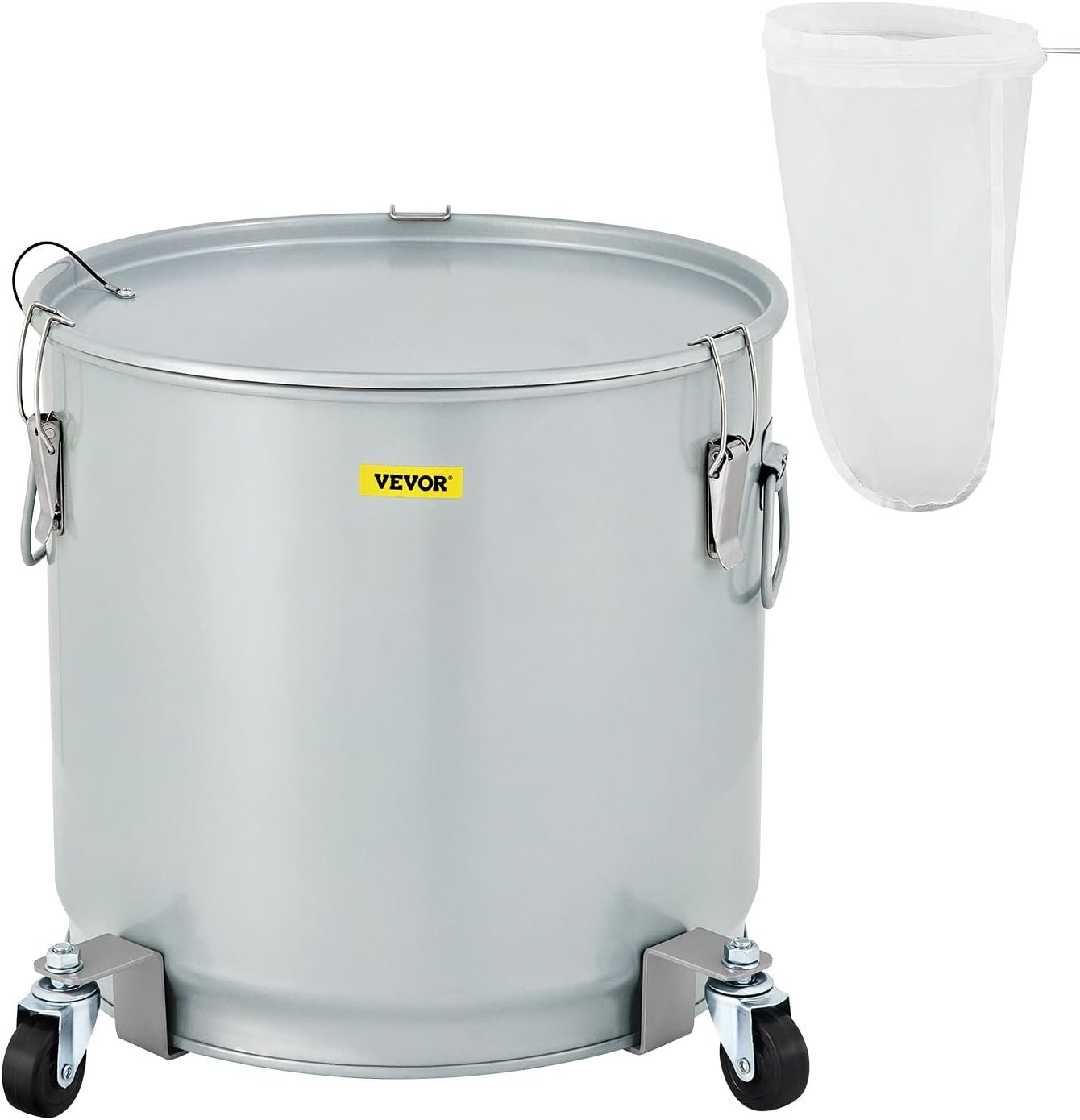 VEVOR Fryer Grease Bucket, 8 Gal/30 L, Coated Carbon Steel Oil Filter Pot with Caster Base, Oil Disposal Caddy with 62 LBS Capacity, Transport Container with Lid Lock Clip Nylon Filter Bag, Silver