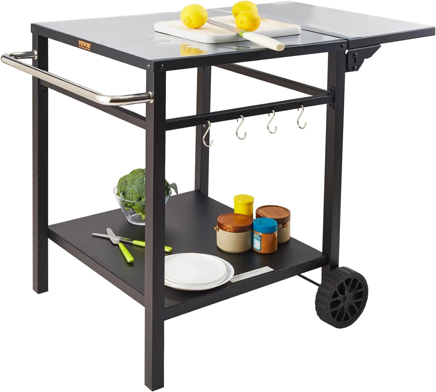 VEVOR Outdoor Grill Dining Cart with Double-Shelf, BBQ Movable Food Prep Table, Multifunctional Foldable Iron Table Top, Portable Modular Carts for Pizza Oven, Worktable with 2 Wheels, Carry Handle