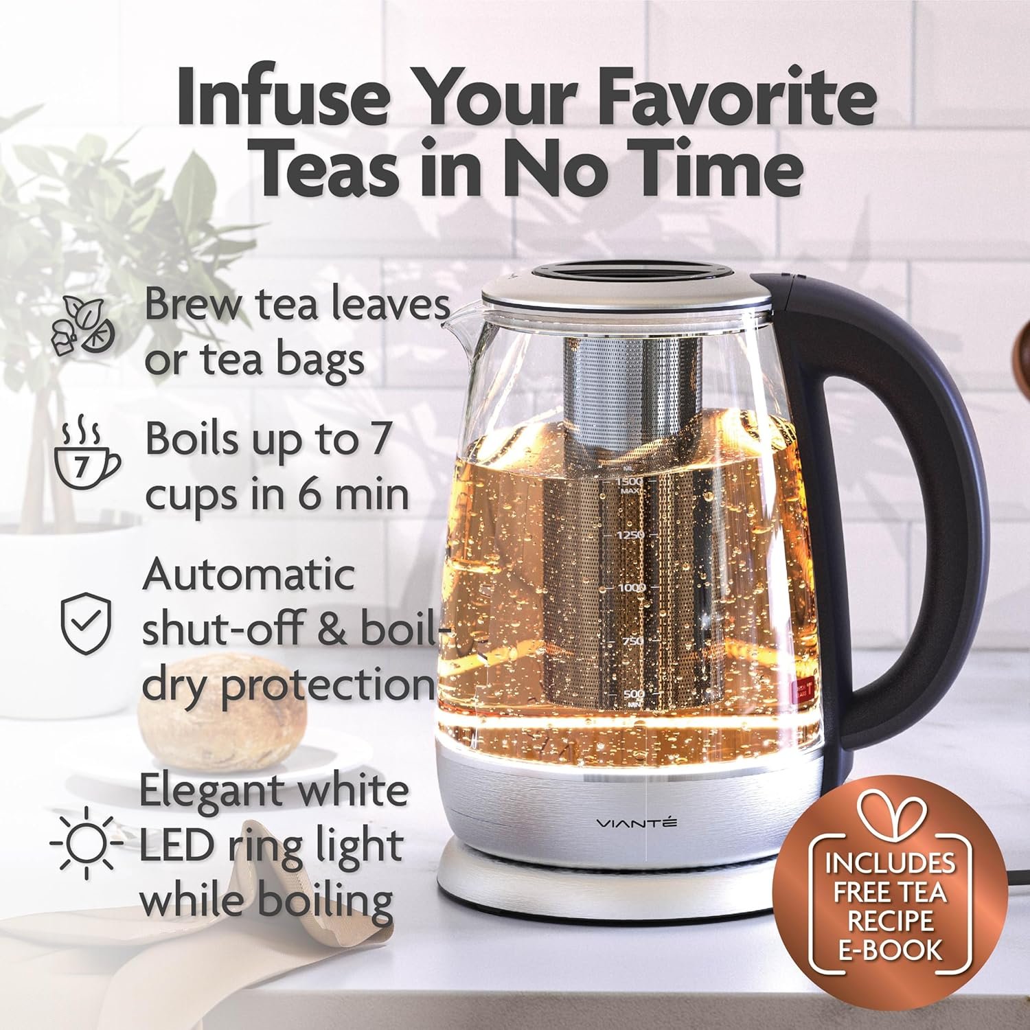 Vianté Electric Glass Tea Kettle. Fast Water Boiler. BPA-FREE. Stainless Steel  Borosilicate Glass. Designed in Italy. 1.7 Liters capacity.