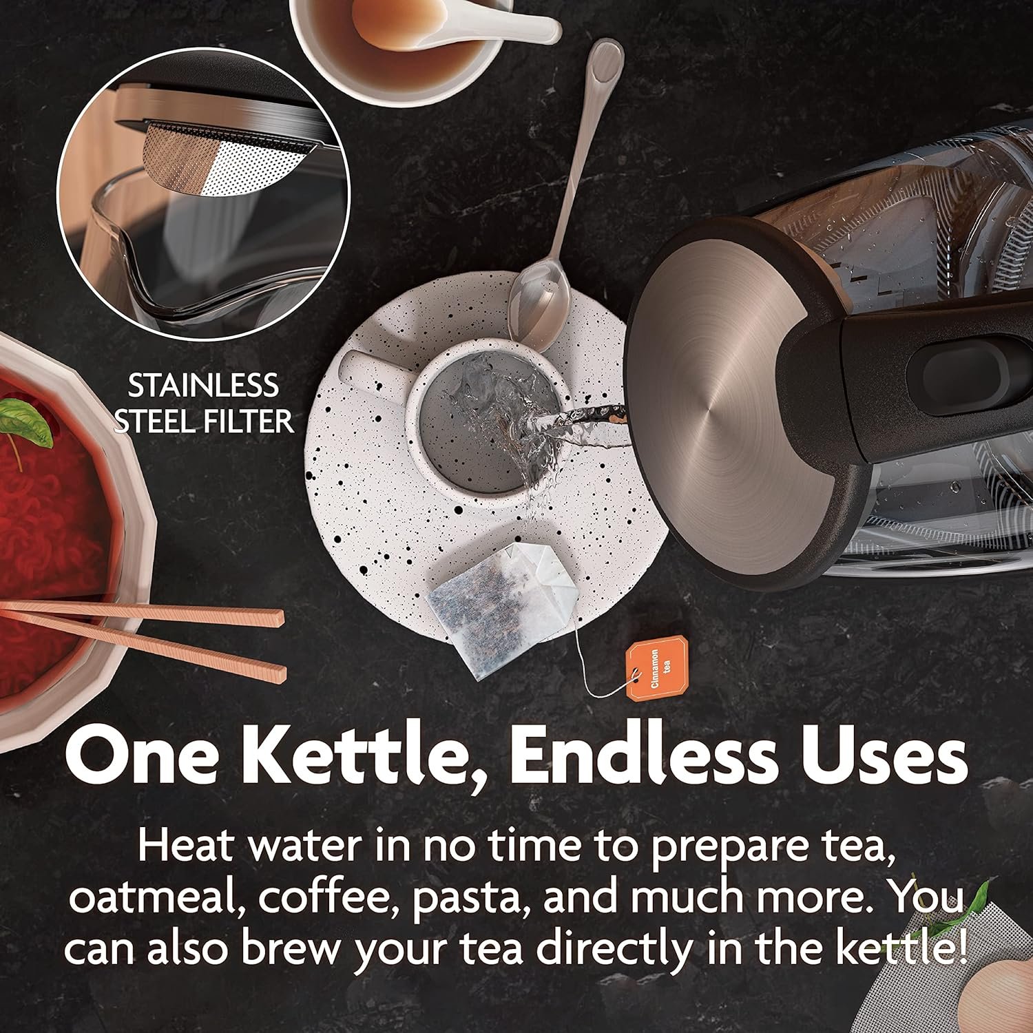 Vianté Electric Glass Tea Kettle. Fast Water Boiler. BPA-FREE. Stainless Steel  Borosilicate Glass. Designed in Italy. 1.7 Liters capacity.