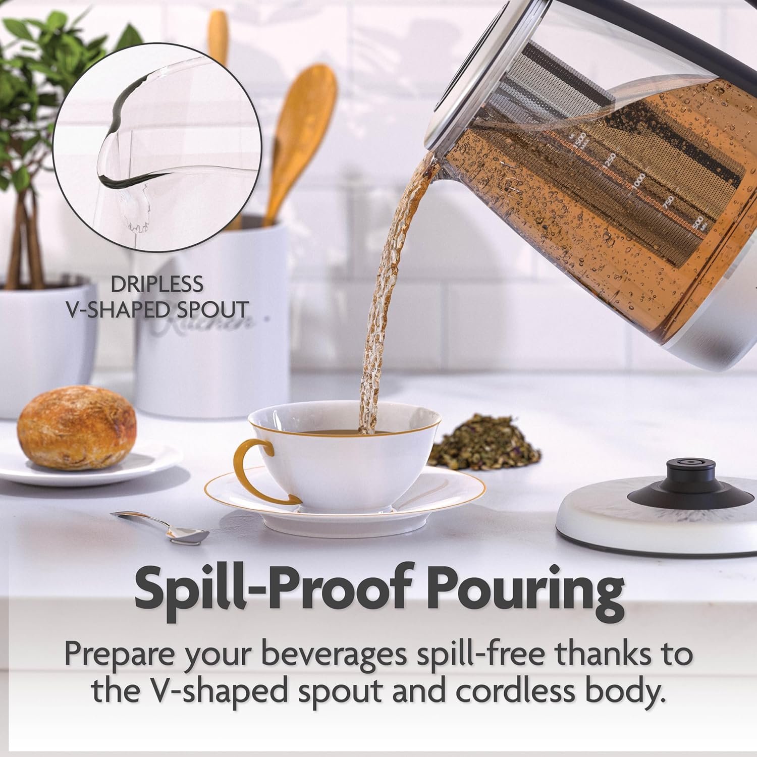 Vianté Electric Glass Tea Kettle. Fast Water Boiler. BPA-FREE. Stainless Steel  Borosilicate Glass. Designed in Italy. 1.7 Liters capacity.