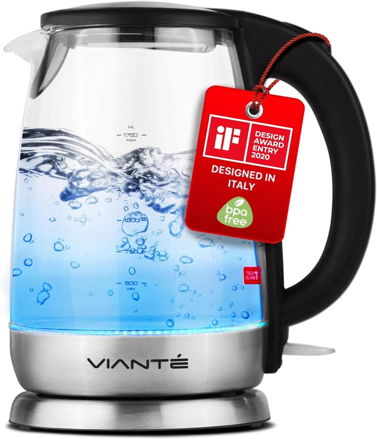 Vianté Electric Glass Tea Kettle. Fast Water Boiler. BPA-FREE. Stainless Steel  Borosilicate Glass. Designed in Italy. 1.7 Liters capacity.