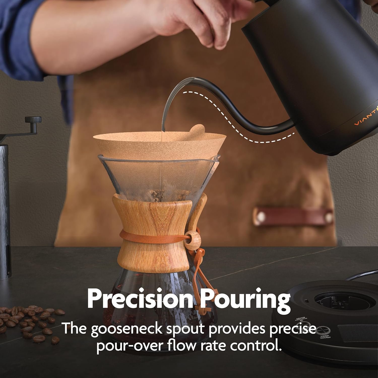 Vianté Electric Gooseneck Pour Over Kettle with Precise Temperature Control for Coffee  Tea. Rapid Boil, BPA-Free Stainless Steel. Includes Free paper Coffee Filters. 0.8L capacity