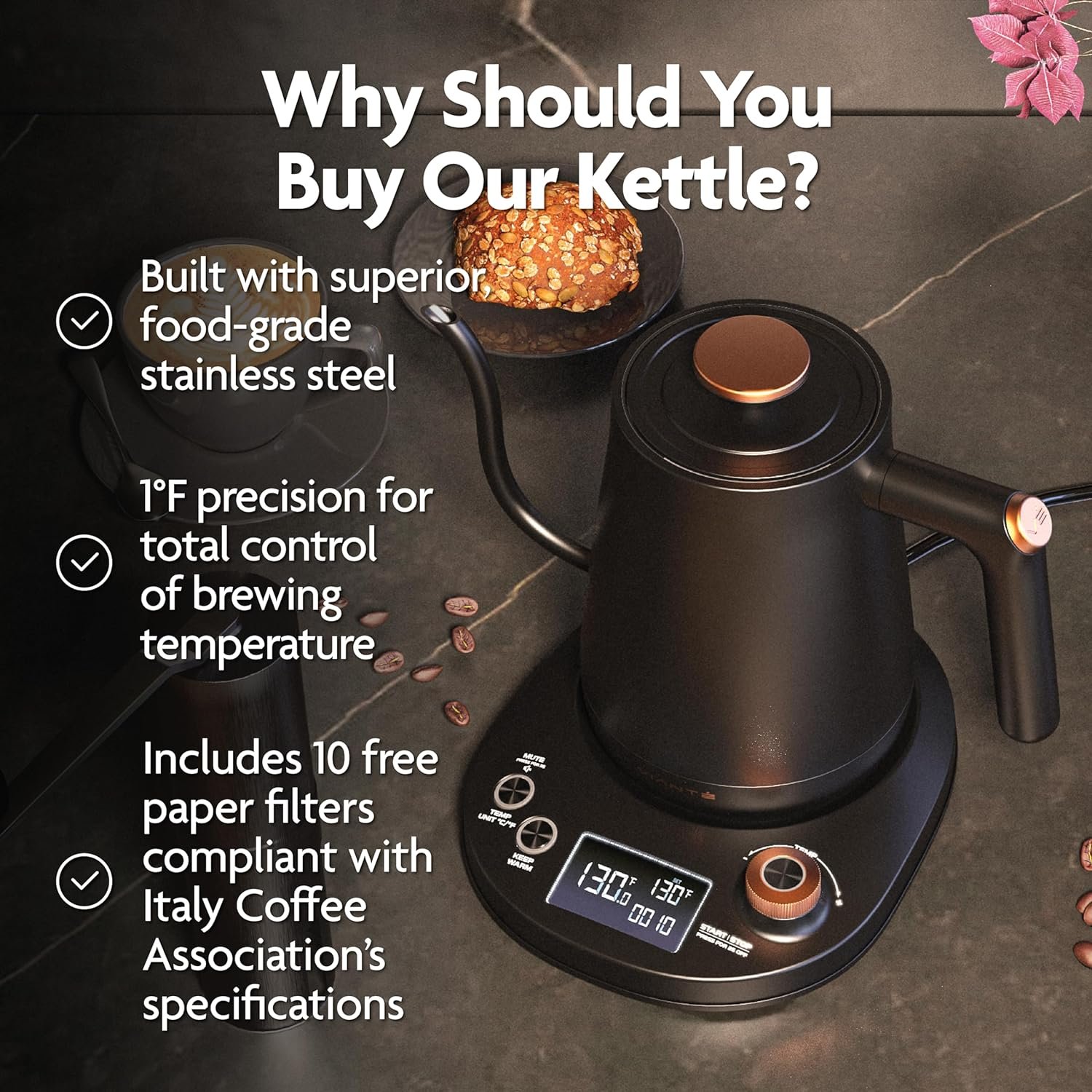 Vianté Electric Gooseneck Pour Over Kettle with Precise Temperature Control for Coffee  Tea. Rapid Boil, BPA-Free Stainless Steel. Includes Free paper Coffee Filters. 0.8L capacity