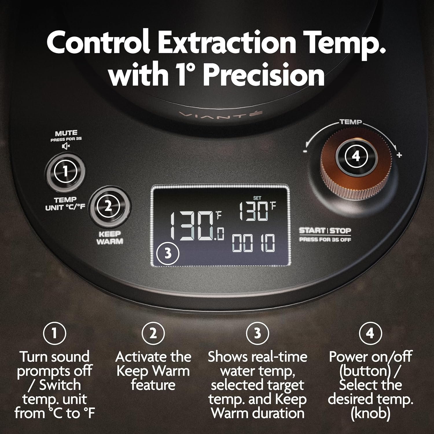 Vianté Electric Gooseneck Pour Over Kettle with Precise Temperature Control for Coffee  Tea. Rapid Boil, BPA-Free Stainless Steel. Includes Free paper Coffee Filters. 0.8L capacity