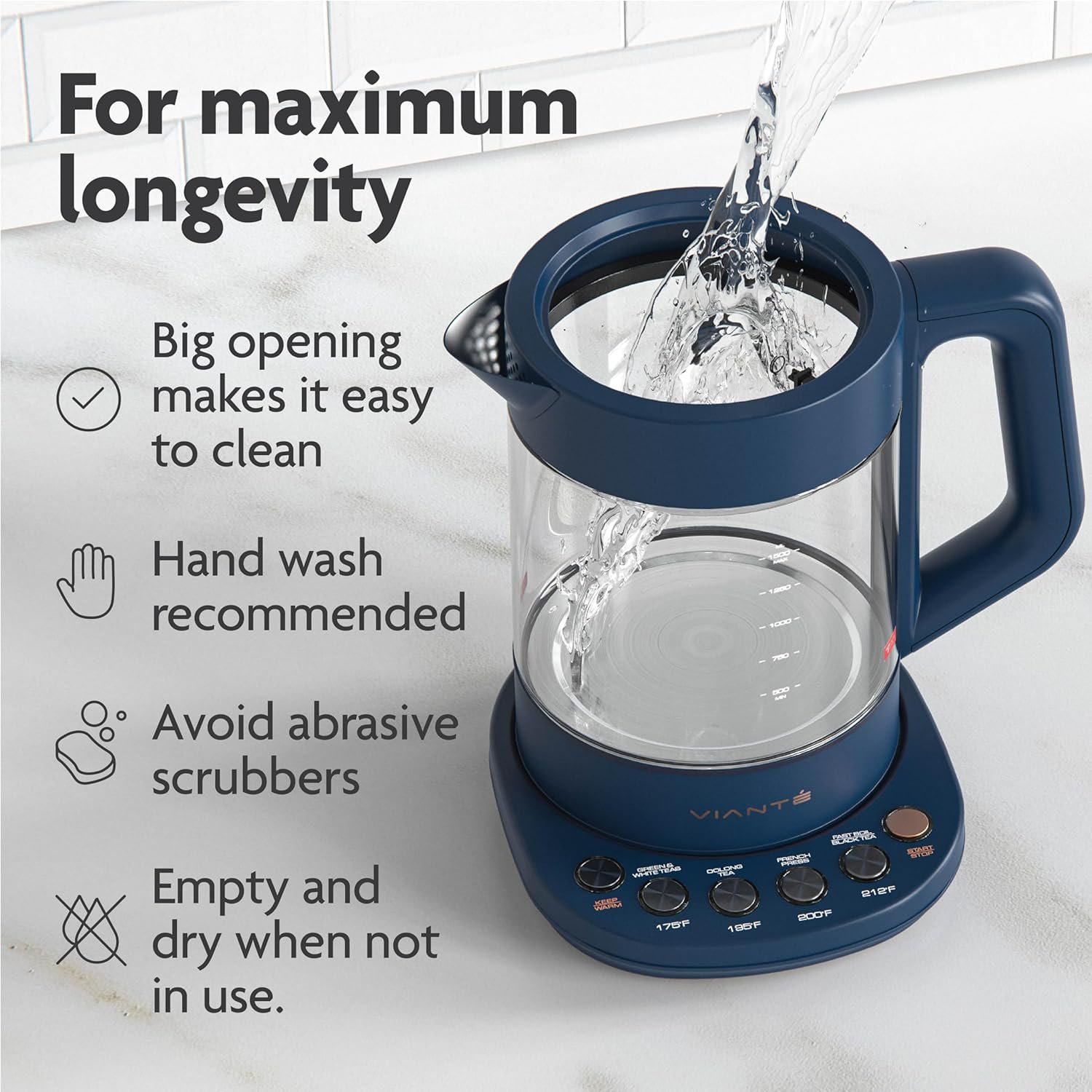 Vianté Hot Tea Maker Electric Glass Kettle with tea infuser and temperature control. Automatic Shut off. Brewing Programs for your favorite teas and Coffee. 1.5 Liters capacity. | Midnight Blue Color