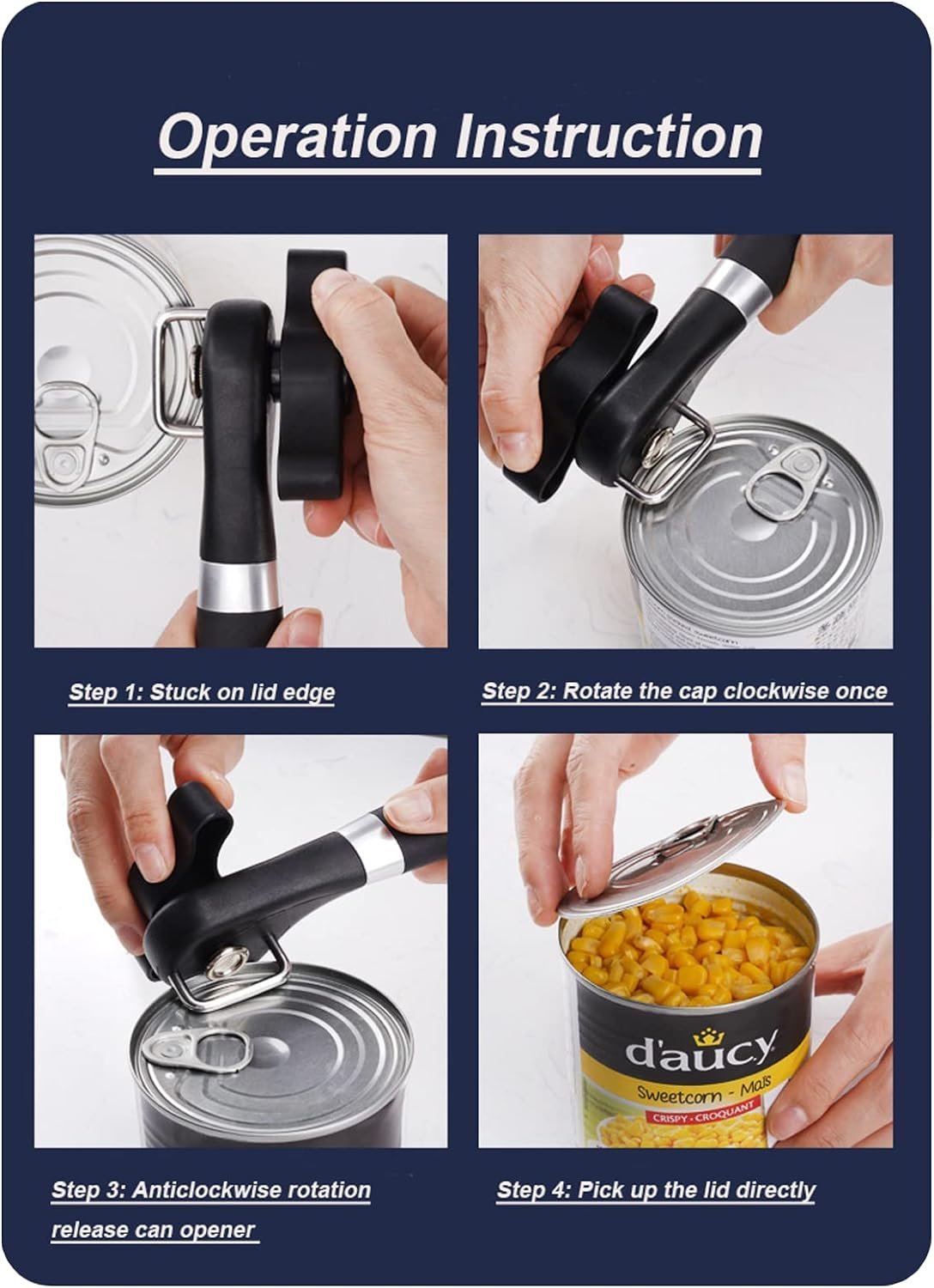 Vishui Professional Manual Can Openers, Safety Smooth Edge Can Opener, Anti-slip Hand Grip Quick Can Opening Tool, with Large Turn Knob, Easy Hanging Design, Classical Dual Handle