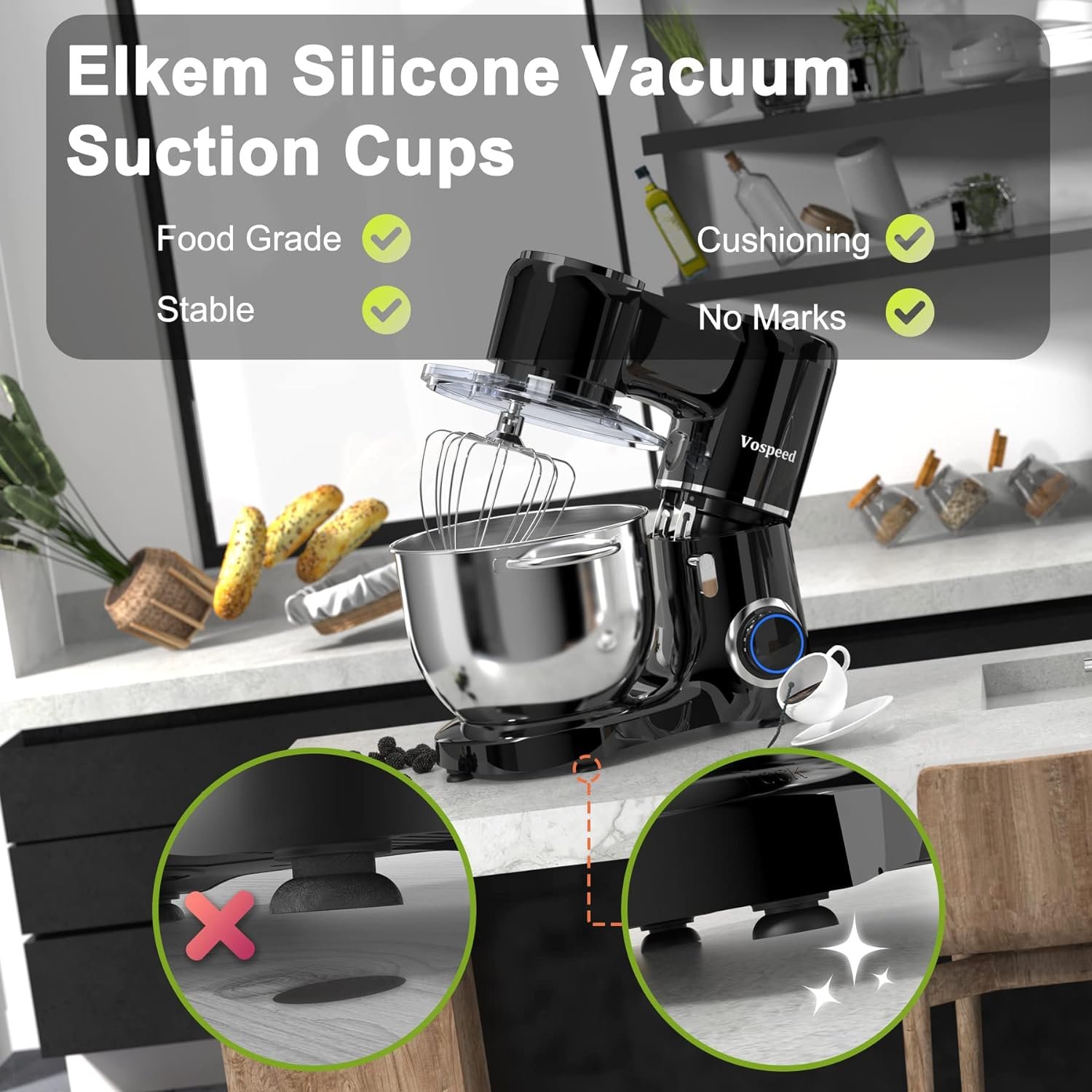 Vospeed Stand Mixer, 660W 6-Speed Tilt-Head Kitchen Mixer with 8.5QT Stainless Steel Mixing Bowl, Beater, Dough Hook, Whisk, Household Use - Black Vospeed Stand Mixer, 660W 6-Speed Tilt-Head Kitchen Mixer with 8.5QT Stainless Steel Mixing Bowl, Beater, Dough Hook, Whisk, Household Use - Black