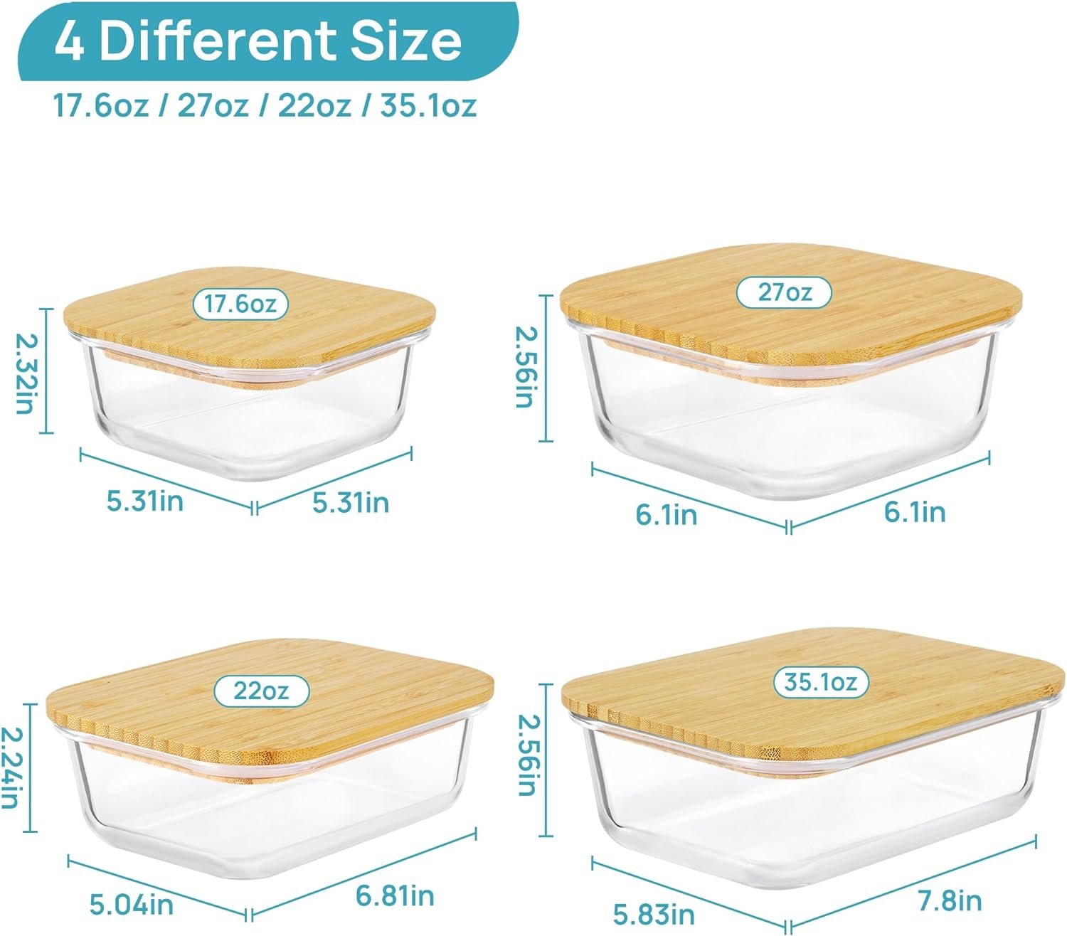 Vtopmart Glass Food Storage Containers with Bamboo Lids, 4 Pack Meal Prep Glass Containers Bento Lunch Box, Safe for Microwave, Oven, Freezer and Dishwasher, BPA Free