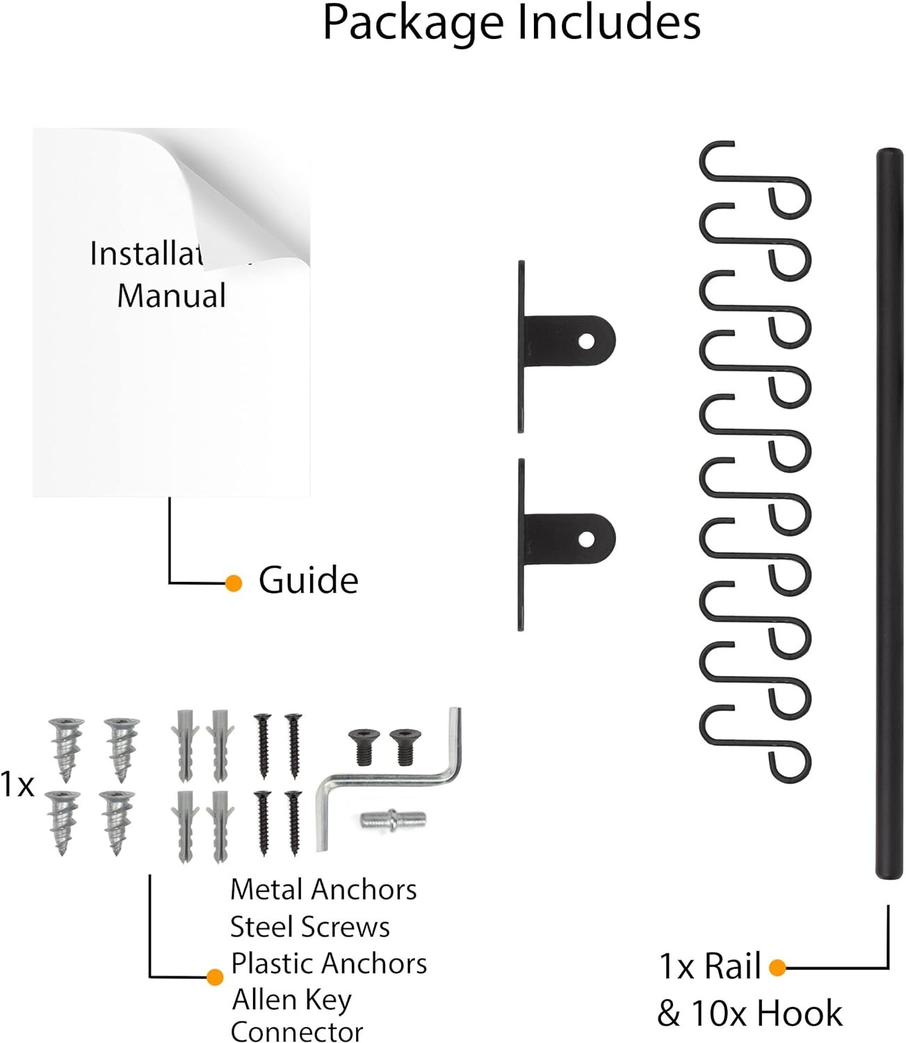 Wallniture Lyon Kitchen Rail with 10 Utensil Holder S Hooks for Hanging Kitchen Utensils Set and Cookware, 17 Frosty Black