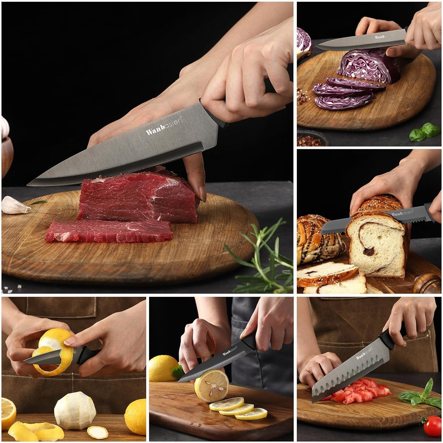 Wanbasion Black Professional Kitchen Knife Chef Set, Stainless Steel, Dishwasher Safe with Sheathes
