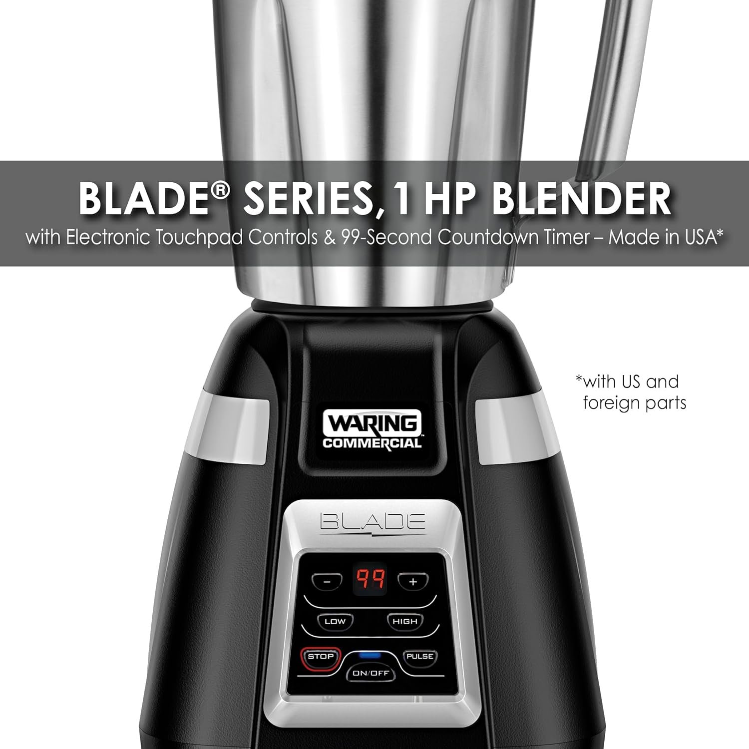 Waring Commercial BB340 Blade 1 HP Blender, 2-Speed Key Pad with Pulse and 99 Second Countdown Timer , 48 oz Stainless Steel Container, 120V, 5-15 Phase Plug