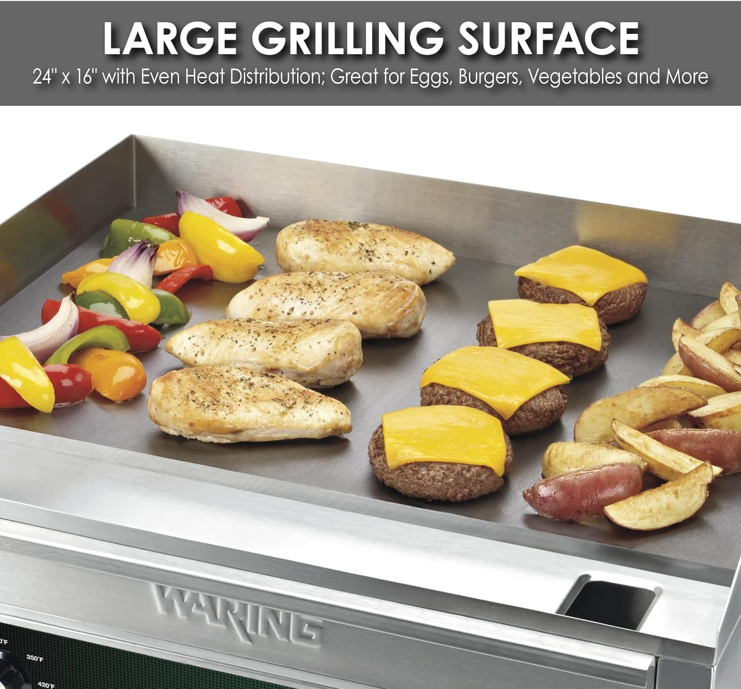 Waring Commercial WGR140X Countertop Electric Griddle, 14 Cooking Surface, 120V, 1800W, 5-15 Phase Plug,Silver