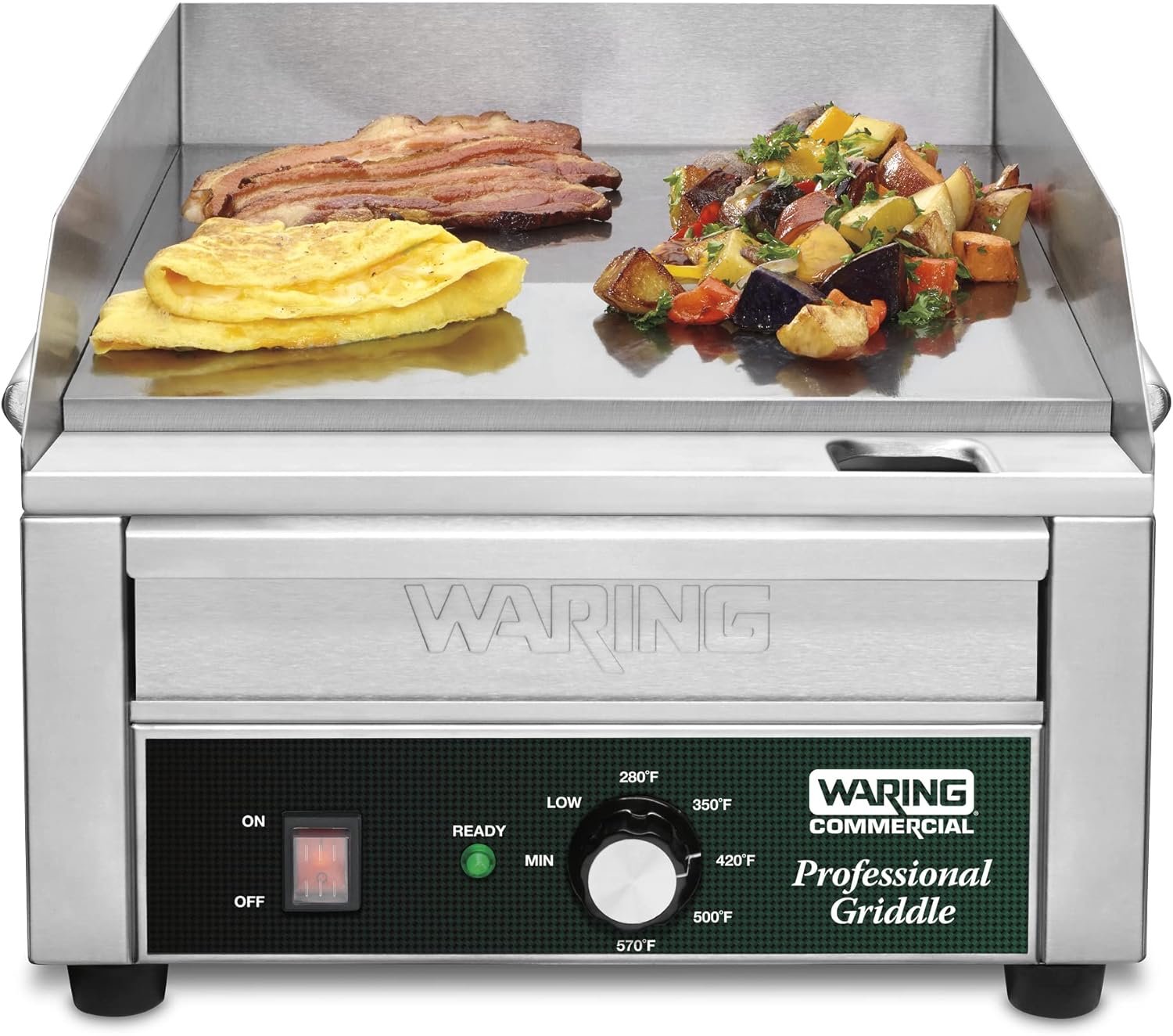 Waring Commercial WGR140X Countertop Electric Griddle, 14 Cooking Surface, 120V, 1800W, 5-15 Phase Plug,Silver