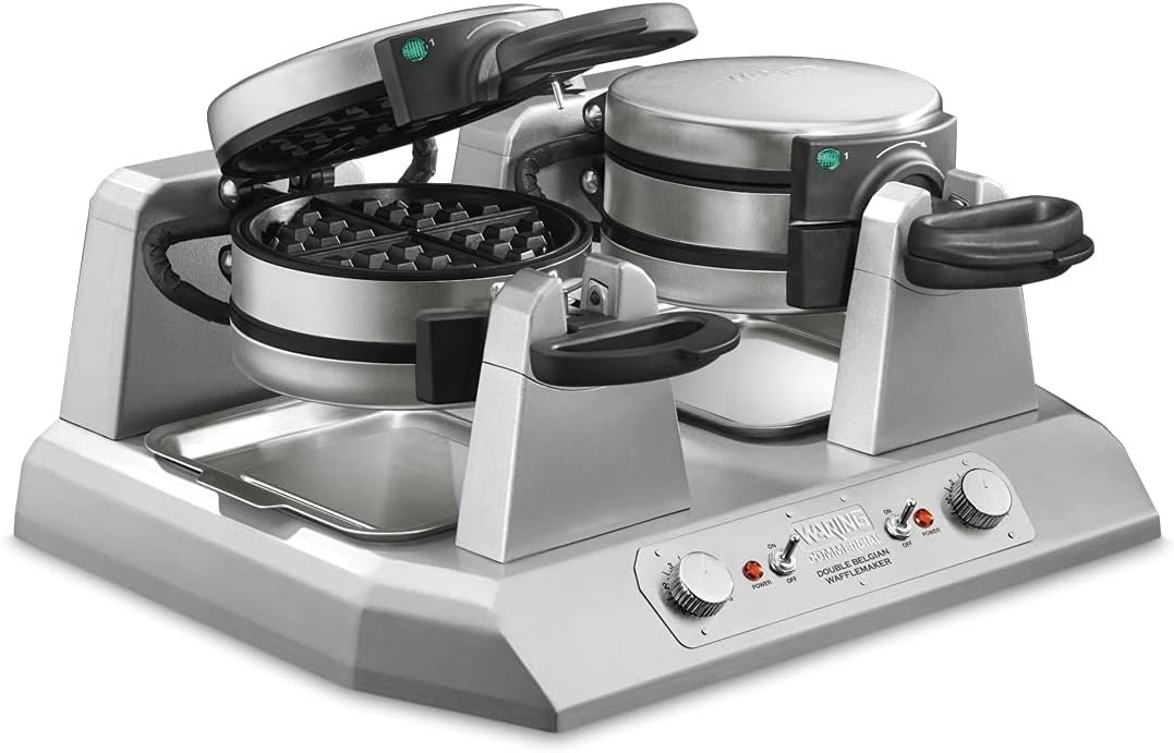 Waring Commercial WW180X Heavy Duty Single Belgian Waffle Maker, Coated Non Stick Cooking Plates, Produces 25 waffles per hour, 120V, 1200W, 5-15 Phase Plug, Silver, 12.5 x 17.88 x 10.5 inches