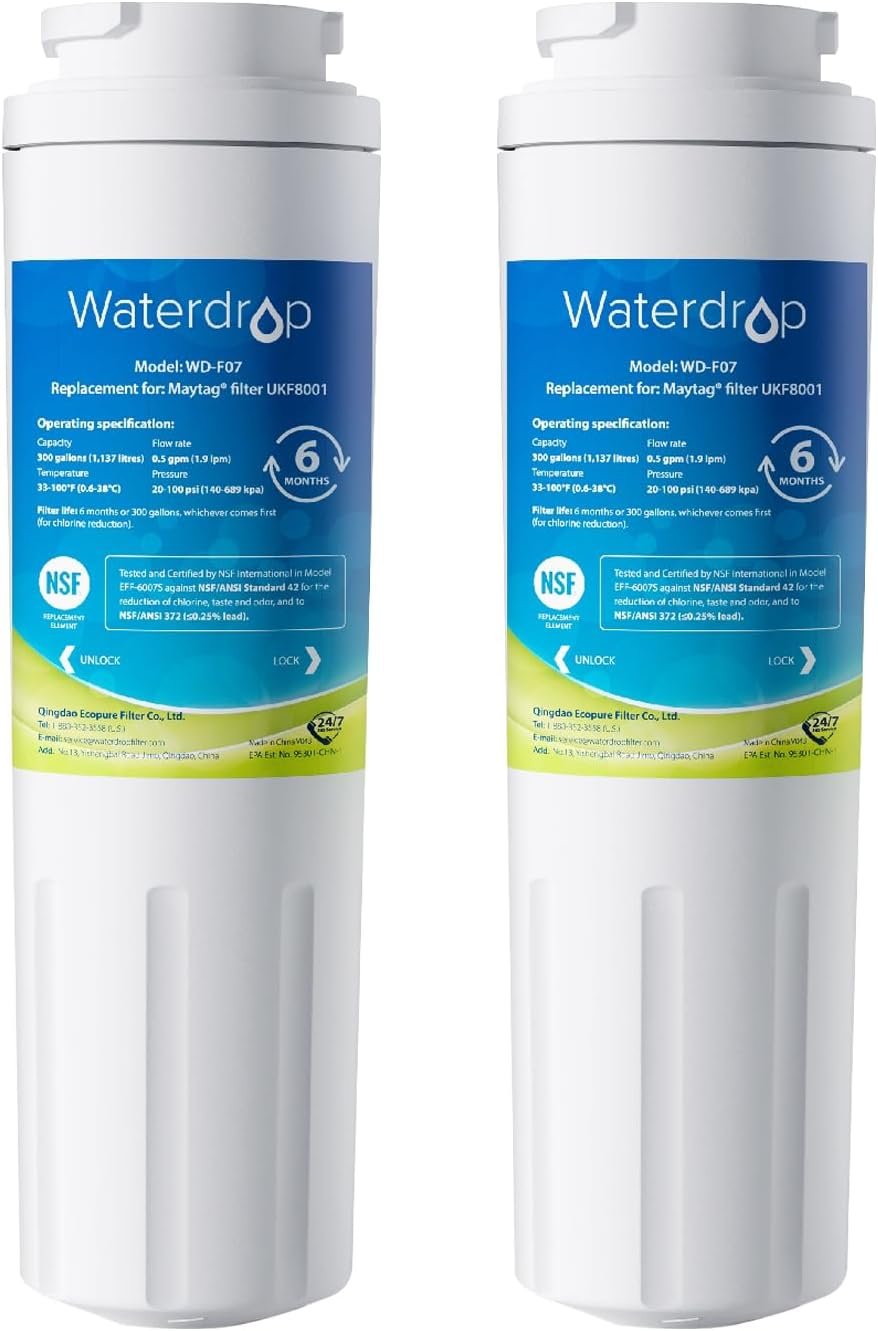 Waterdrop EDR4RXD1 Compatible with EveryDrop Filter 4, Whirlpool UKF8001, 4396395, Maytag UKF8001AXX-200, UKF8001AXX-750, WD-F07, Refrigerator Water Filter, 2 Filters
