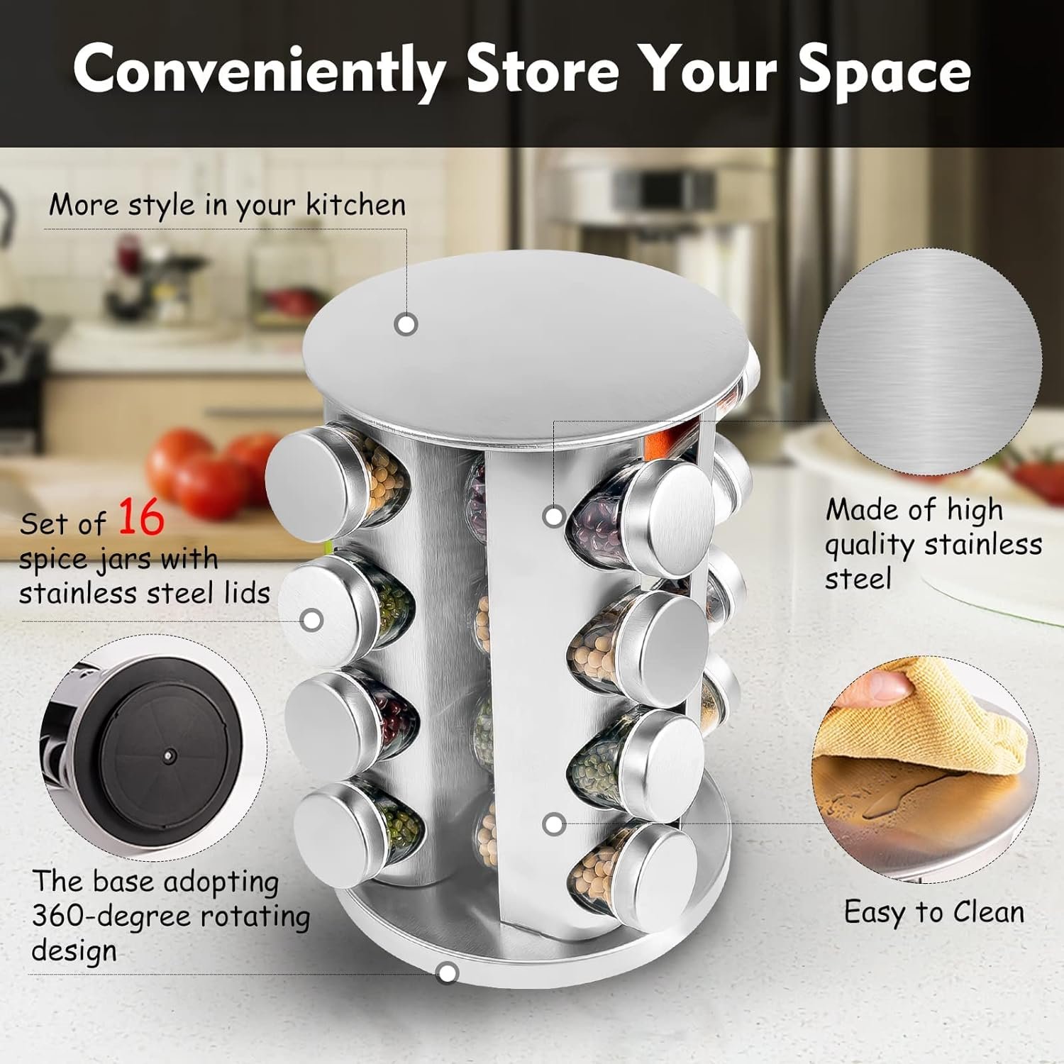 WAYDA Rotating Spice Rack with 16 Jars, Revolving Spice Rack Organizer for Cabinet, Seasoning Organizer Stainless Steel Kitchen Spice Tower with Labels for Countertop