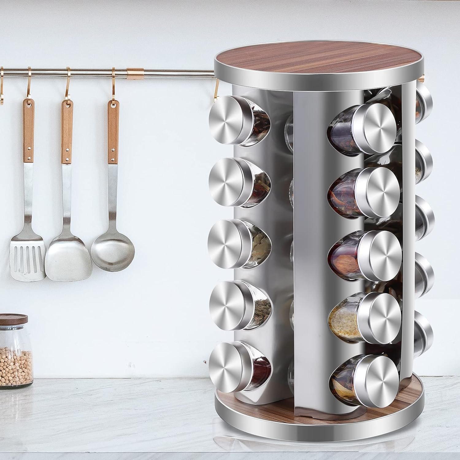 WAYDA Rotating Spice Rack with 16 Jars, Revolving Spice Rack Organizer for Cabinet, Seasoning Organizer Stainless Steel Kitchen Spice Tower with Labels for Countertop
