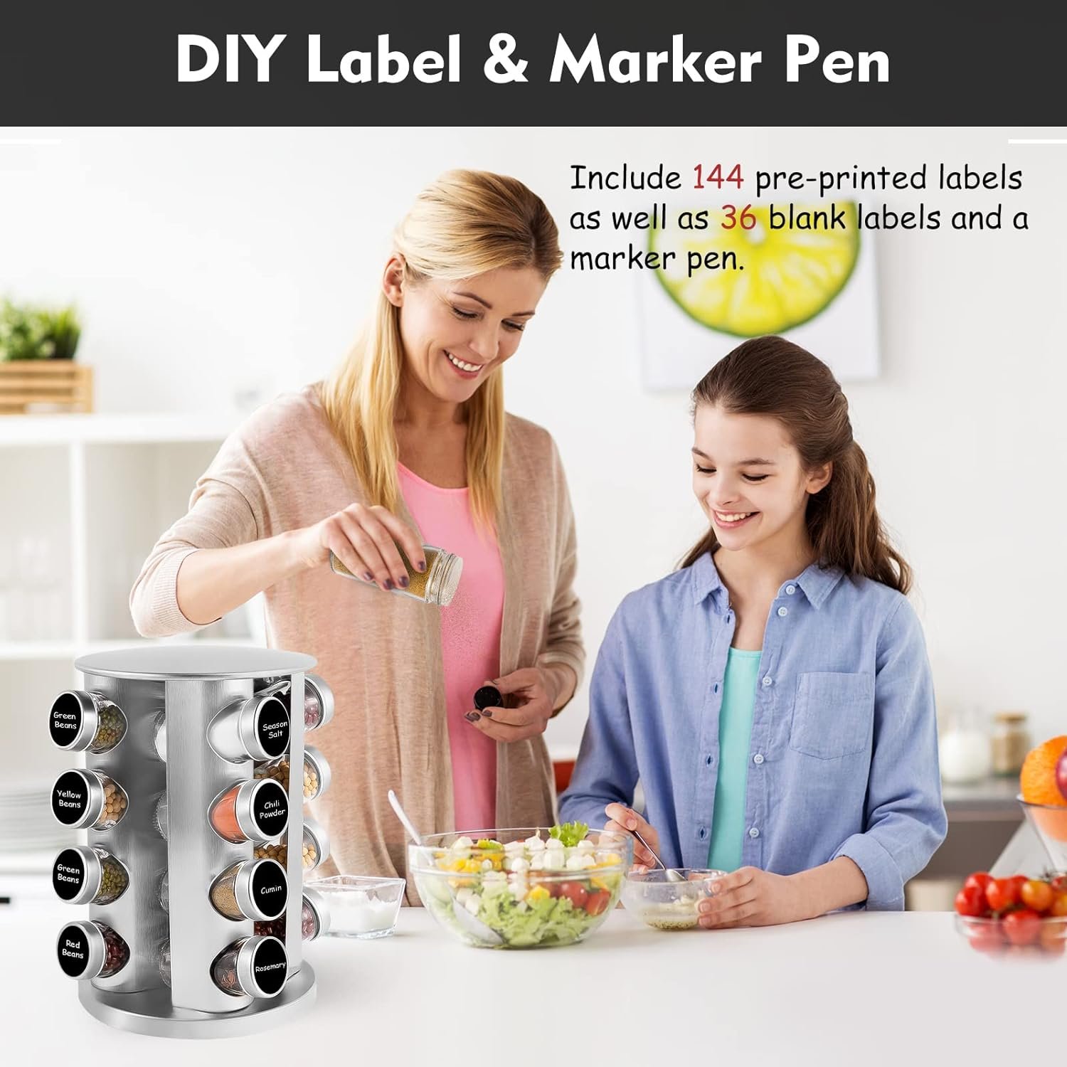 WAYDA Rotating Spice Rack with 16 Jars, Revolving Spice Rack Organizer for Cabinet, Seasoning Organizer Stainless Steel Kitchen Spice Tower with Labels for Countertop