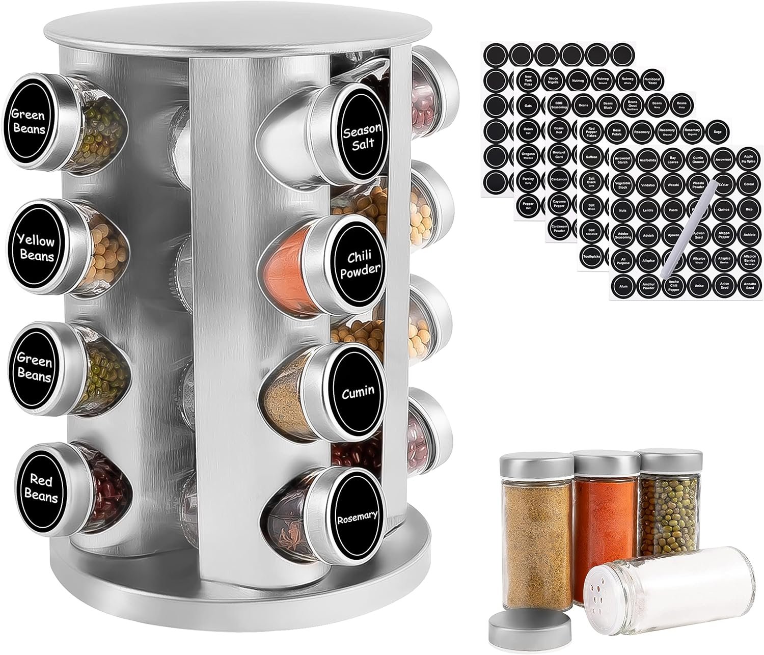 WAYDA Rotating Spice Rack with 16 Jars, Revolving Spice Rack Organizer for Cabinet, Seasoning Organizer Stainless Steel Kitchen Spice Tower with Labels for Countertop