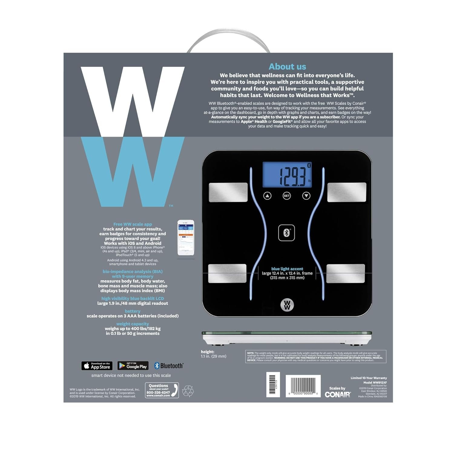 Weight Watchers Scales by Conair Bathroom Scale for Body Weight, Glass Digital Scale, Body Analysis Measures Body Fat, Body Water, BMI, Bone Mass  Muscle, Measures Weight up to 400 Lbs White