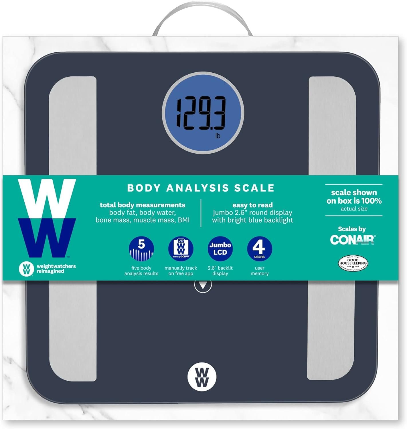 Weight Watchers Scales by Conair BathroomScale for BodyWeight,Glass Digital Scale,Body Analysis Measures Body Fat,Body Water,BMI,Bone MassMuscle for 4Users,Measures Weight up to 400Lbs in BlackBlue