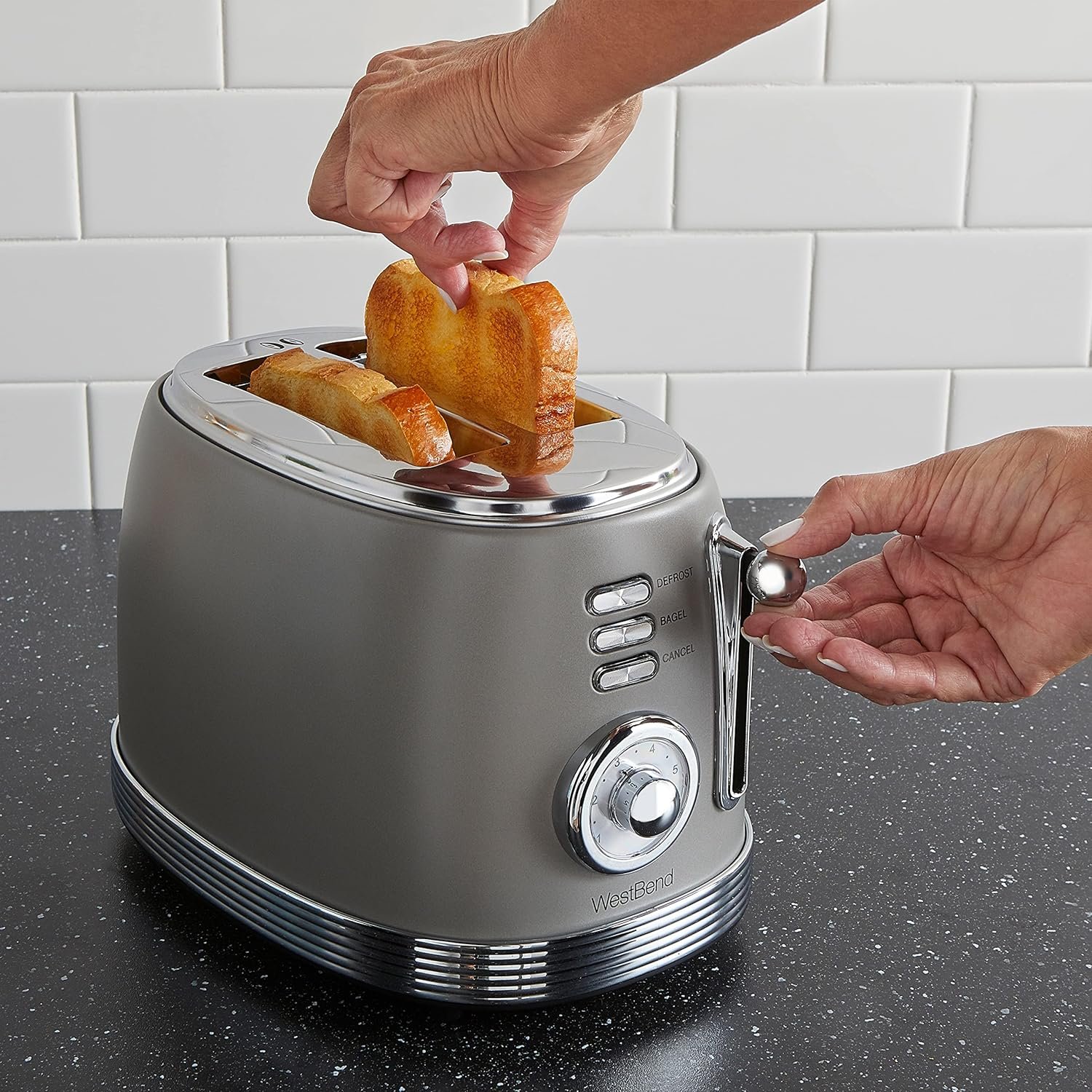 West Bend Toaster 2 Slice Retro-Styled Stainless Steel with 4 Functions and 6 Shade Settings, 850-Watts, Gray