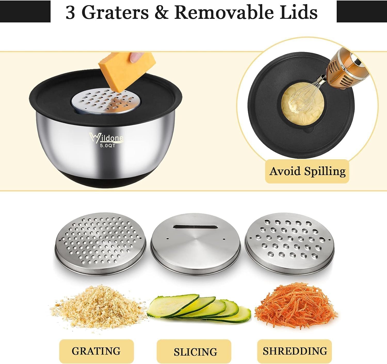 Wildone Mixing Bowls with Airtight Lids, 22 PCS Stainless Steel Nesting Bowls, with 3 Grater Attachments, Scale Marks  Non-Slip Bottom, Size 5, 4, 3, 2,1.5, 0.63QT, Ideal for Mixing  Prepping