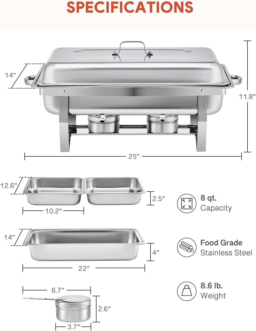WILPREP Chafing Dish Buffet Set, 2 Pack 8 qt Chafers for Catering with 4 Half Size Food Pans Fuel Holders 2 Lids Foldable Frames, Stainless Steel Food Warmers for Parties Buffets Banquets Dinners
