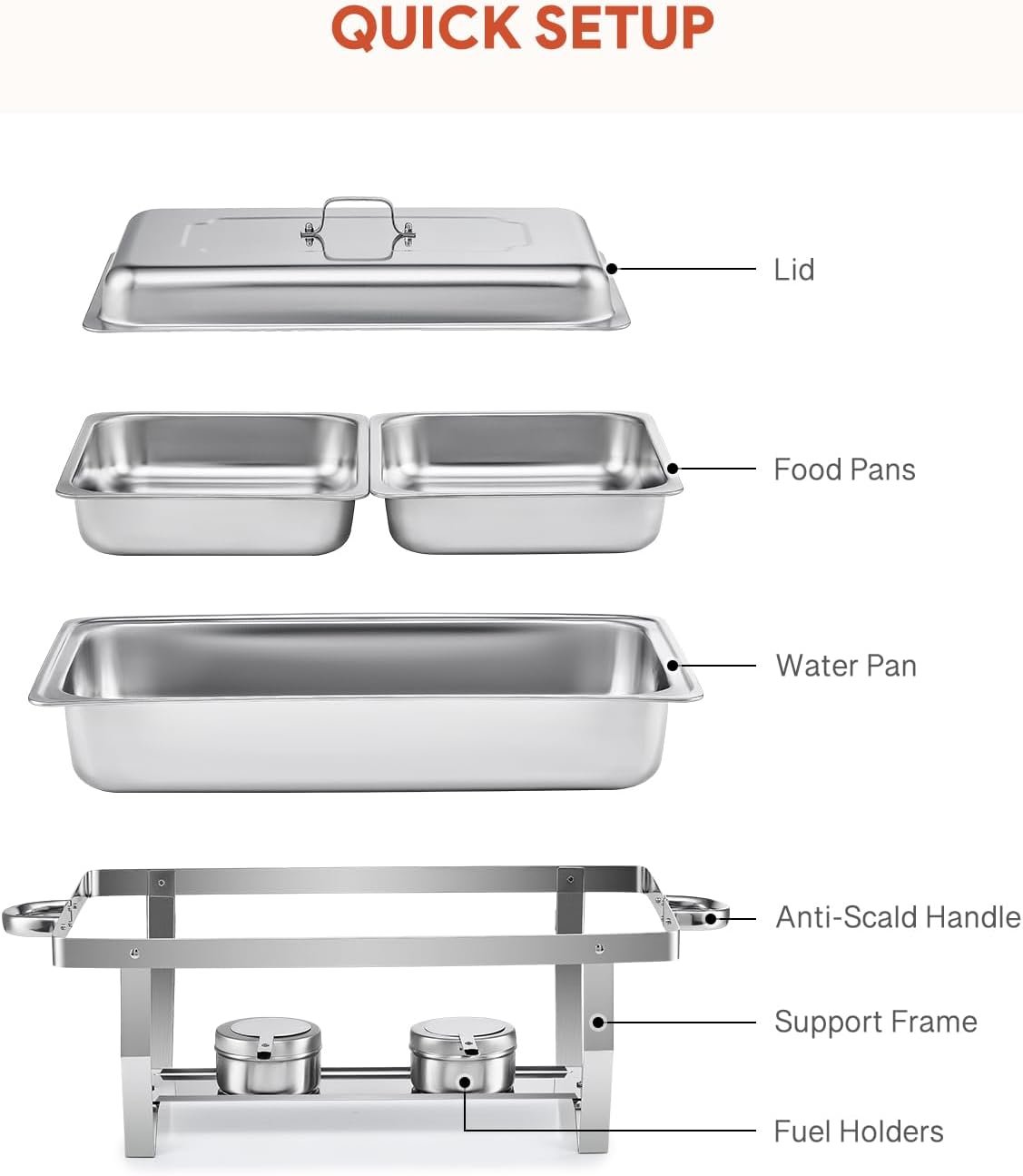 WILPREP Chafing Dish Buffet Set, 2 Pack 8 qt Chafers for Catering with 4 Half Size Food Pans Fuel Holders 2 Lids Foldable Frames, Stainless Steel Food Warmers for Parties Buffets Banquets Dinners