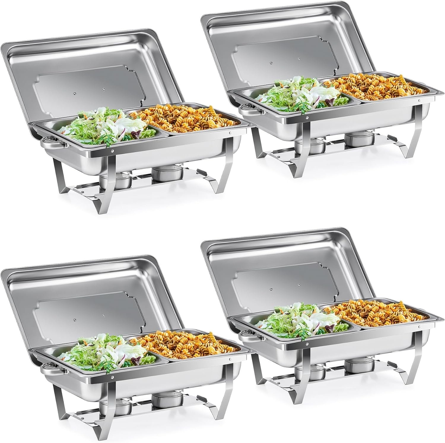WILPREP Chafing Dish Buffet Set, 2 Pack 8 qt Chafers for Catering with 4 Half Size Food Pans Fuel Holders 2 Lids Foldable Frames, Stainless Steel Food Warmers for Parties Buffets Banquets Dinners