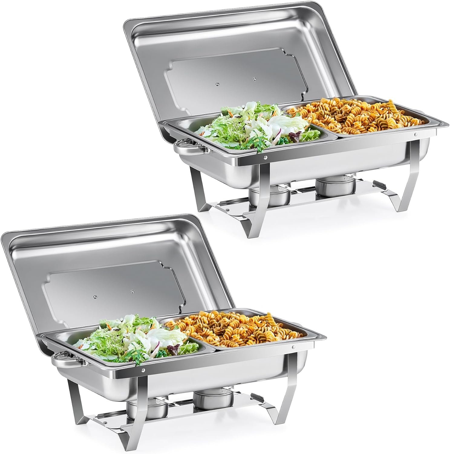 WILPREP Chafing Dish Buffet Set, 2 Pack 8 qt Chafers for Catering with 4 Half Size Food Pans Fuel Holders 2 Lids Foldable Frames, Stainless Steel Food Warmers for Parties Buffets Banquets Dinners