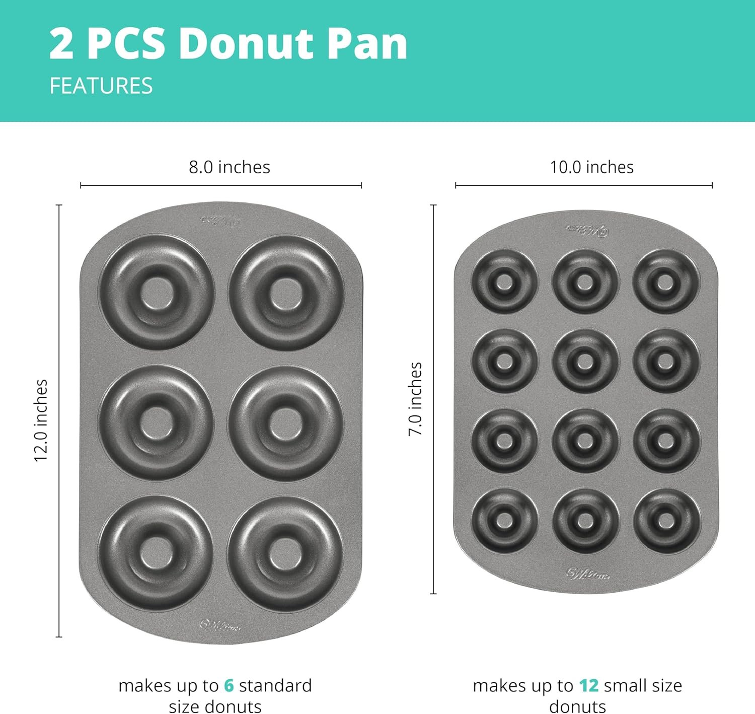 Wilton Donut Pan 2-Piece Set, 6-Cavity Mini, and 12-Cavity Standard Donuts, Scratch Resistant and Nonstick Doughnut Pan with Doughnut Molds, Made of Long Lasting Carbon Steel Construction Heats Evenly