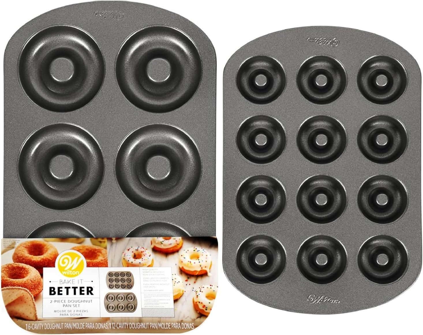 Wilton Donut Pan 2-Piece Set, 6-Cavity Mini, and 12-Cavity Standard Donuts, Scratch Resistant and Nonstick Doughnut Pan with Doughnut Molds, Made of Long Lasting Carbon Steel Construction Heats Evenly