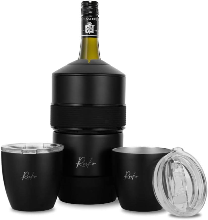 Wine Bottle Chiller and Tumbler set - Portable Wine Insulator - Stainless Steal Wine Cooler Sleeve and Tumblers - White