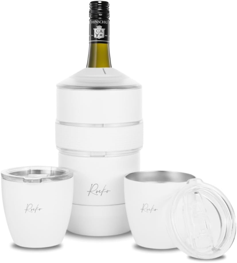 Wine Bottle Chiller and Tumbler set - Portable Wine Insulator - Stainless Steal Wine Cooler Sleeve and Tumblers - White