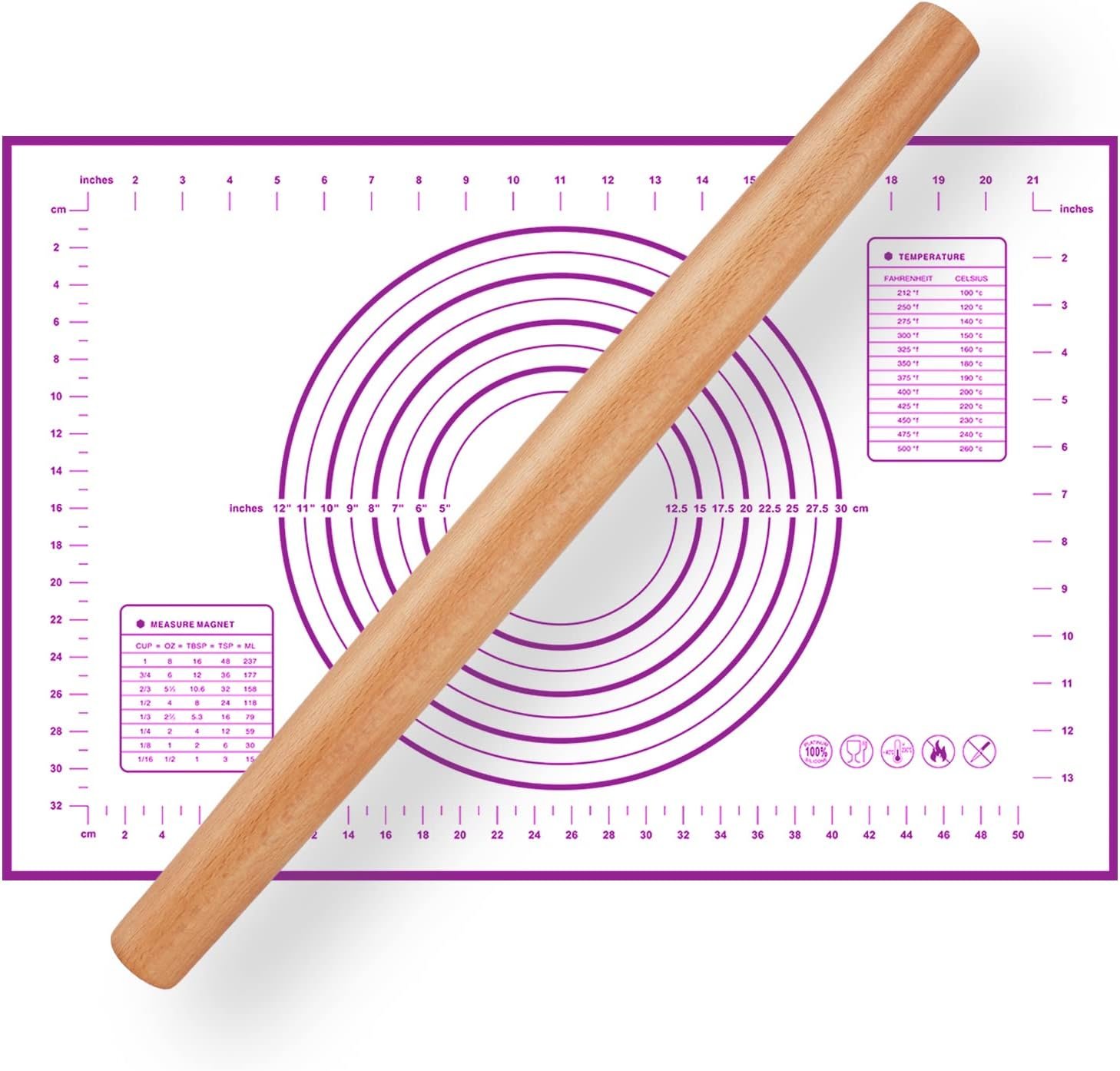 Wood French Rolling Pin for Baking, QUELLANCE Wooden Dough Roller with Silicone Baking Mat, Beech Wood Rolling Pins for Baking Dough, Pizza, Pie, Pastries, Pasta and Cookies,Blue Pastry Mat